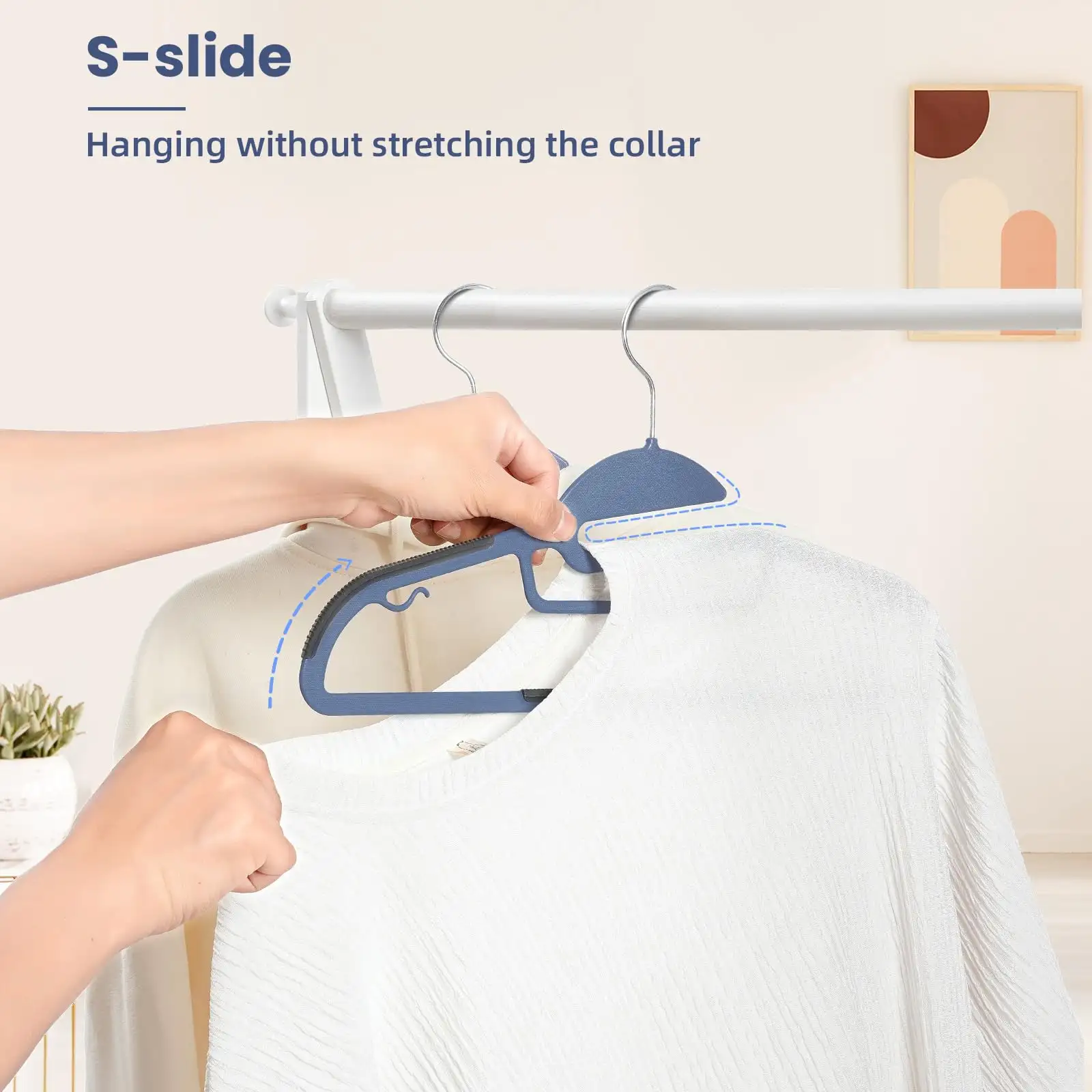 Plastic hangers 50 pack with non-slip design, 360° swivel hook, and space-saving for shirts and pants in beige.