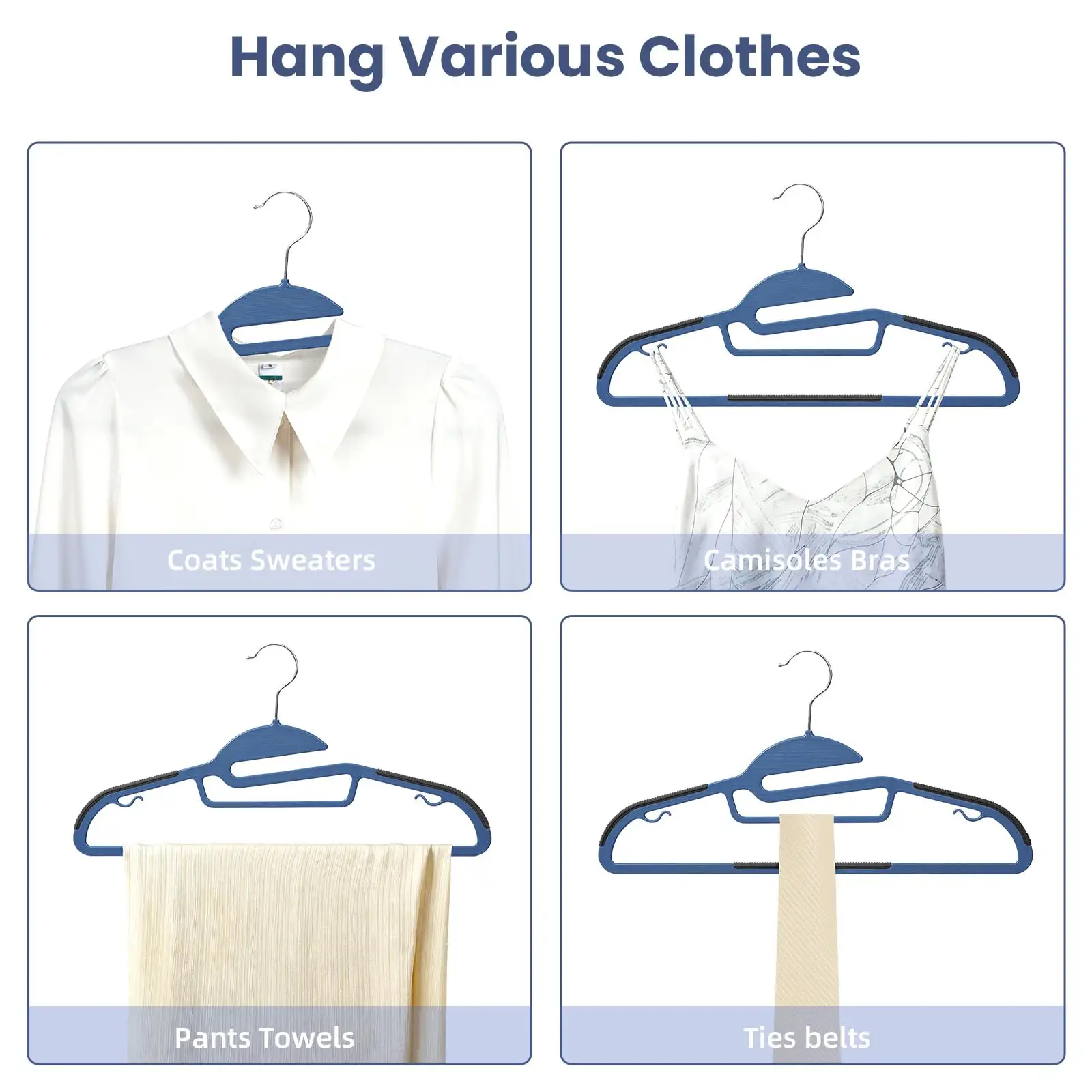 Plastic hangers 50 pack with non-slip design, 360° swivel hook, space-saving for shirts and pants in beige color.