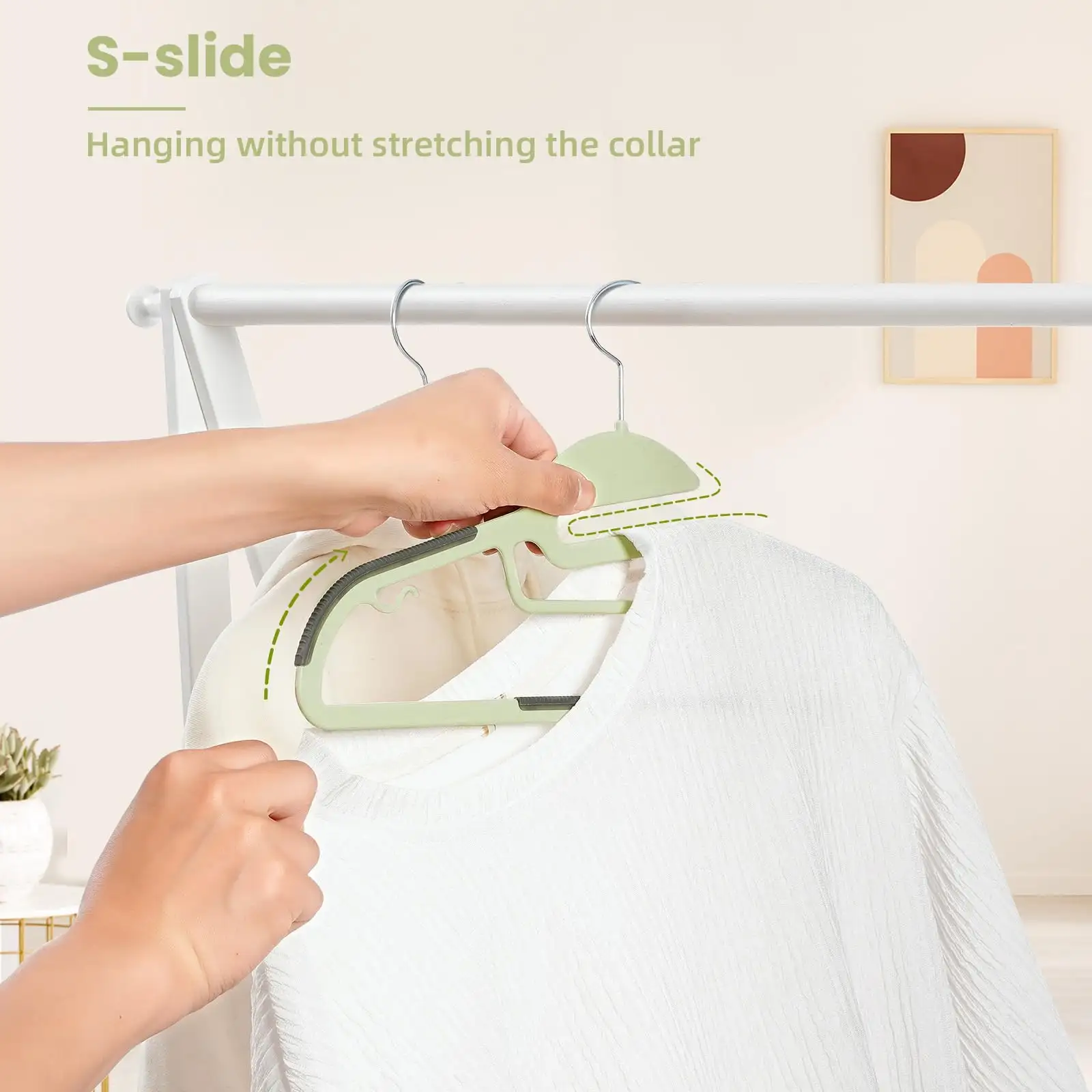 Beige plastic hangers 50 pack with non-slip design, 360° swivel hook, ideal for space-saving closet organization.