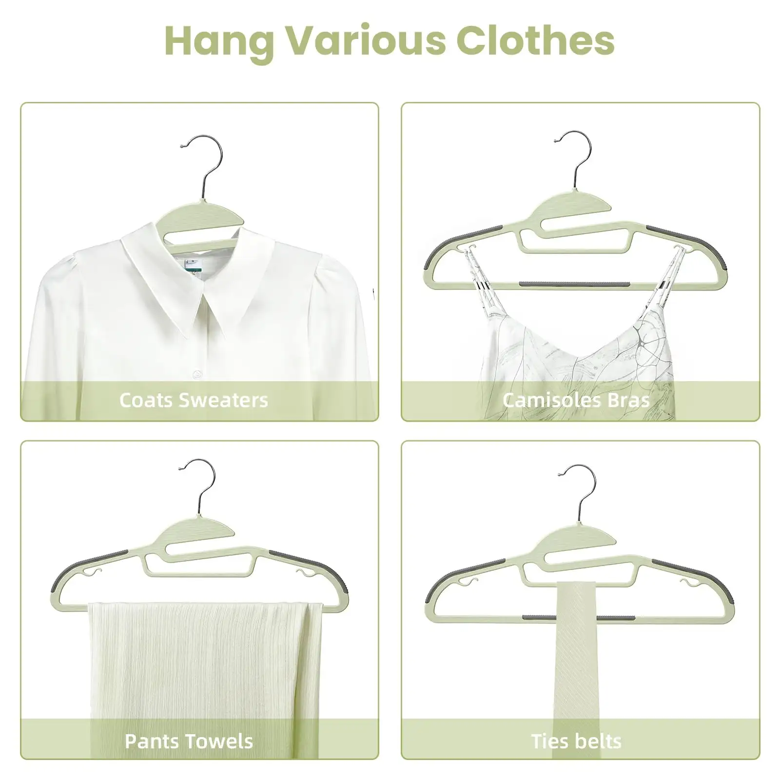 Beige plastic hangers 50 pack with non-slip design, 360° swivel hook, 0.2 inches thick for closet organization.