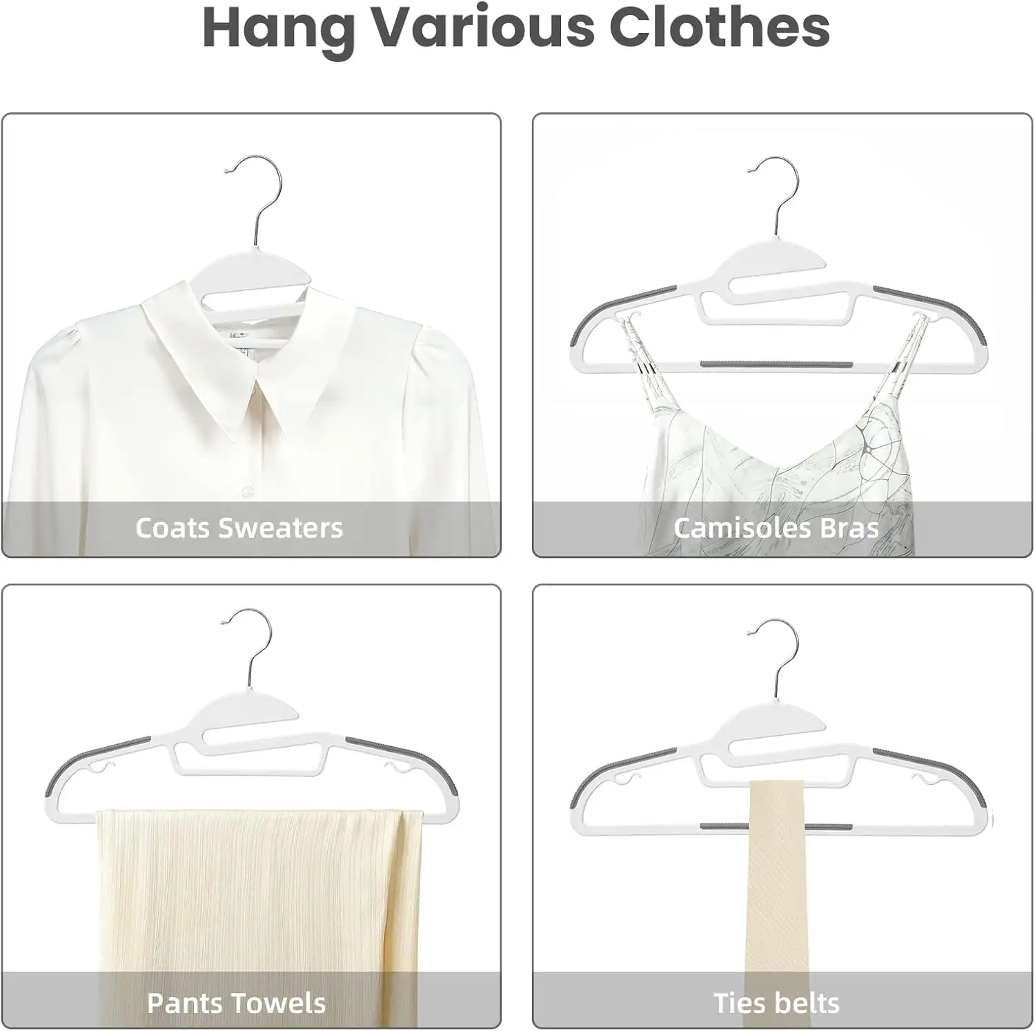 Non-slip plastic hangers, 50 pack, 0.2 inches thick, 360° swivel hook, ideal for space-saving organization.
