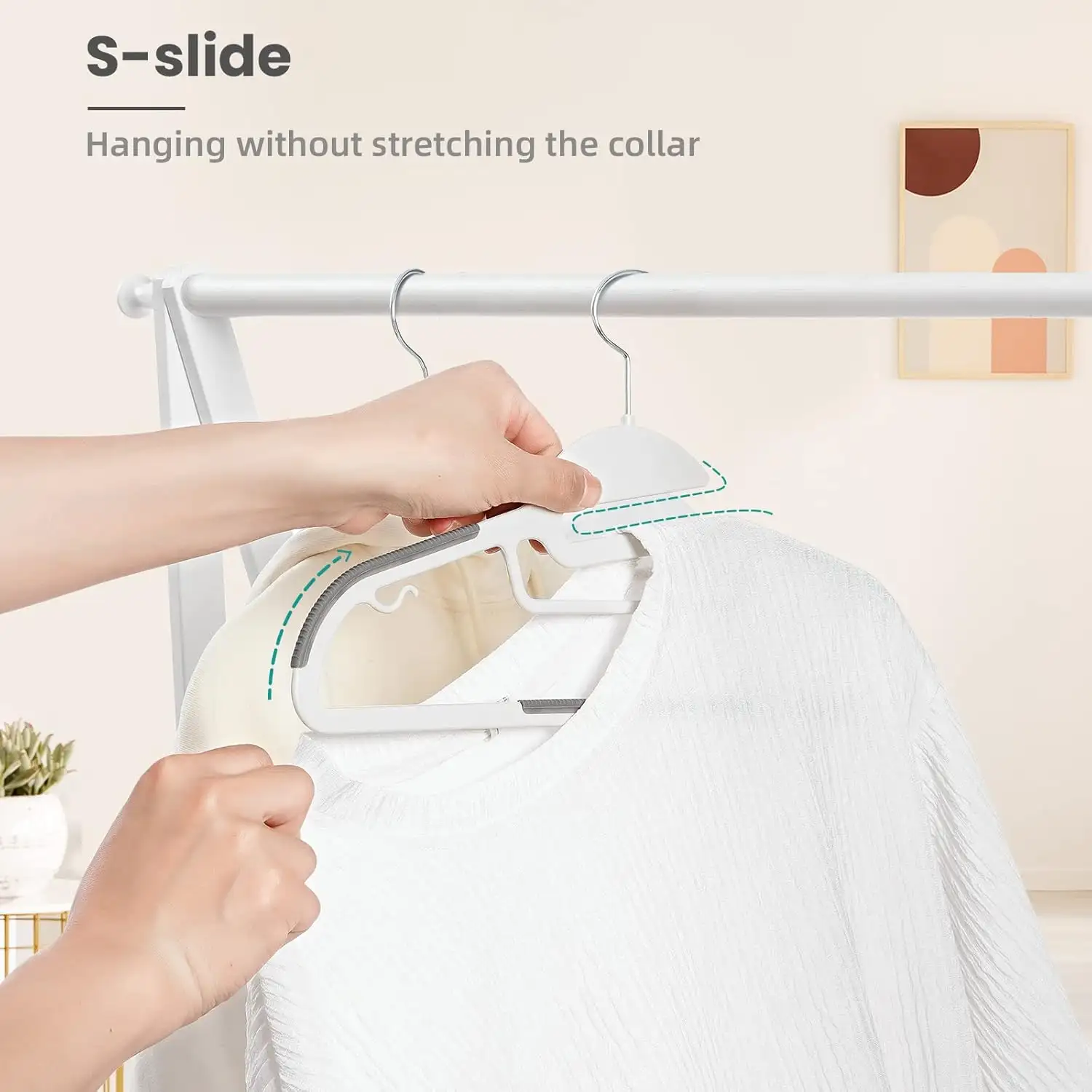 Non-slip plastic hangers 50 pack, 0.2 inches thick, 360° swivel hook for space-saving organization.