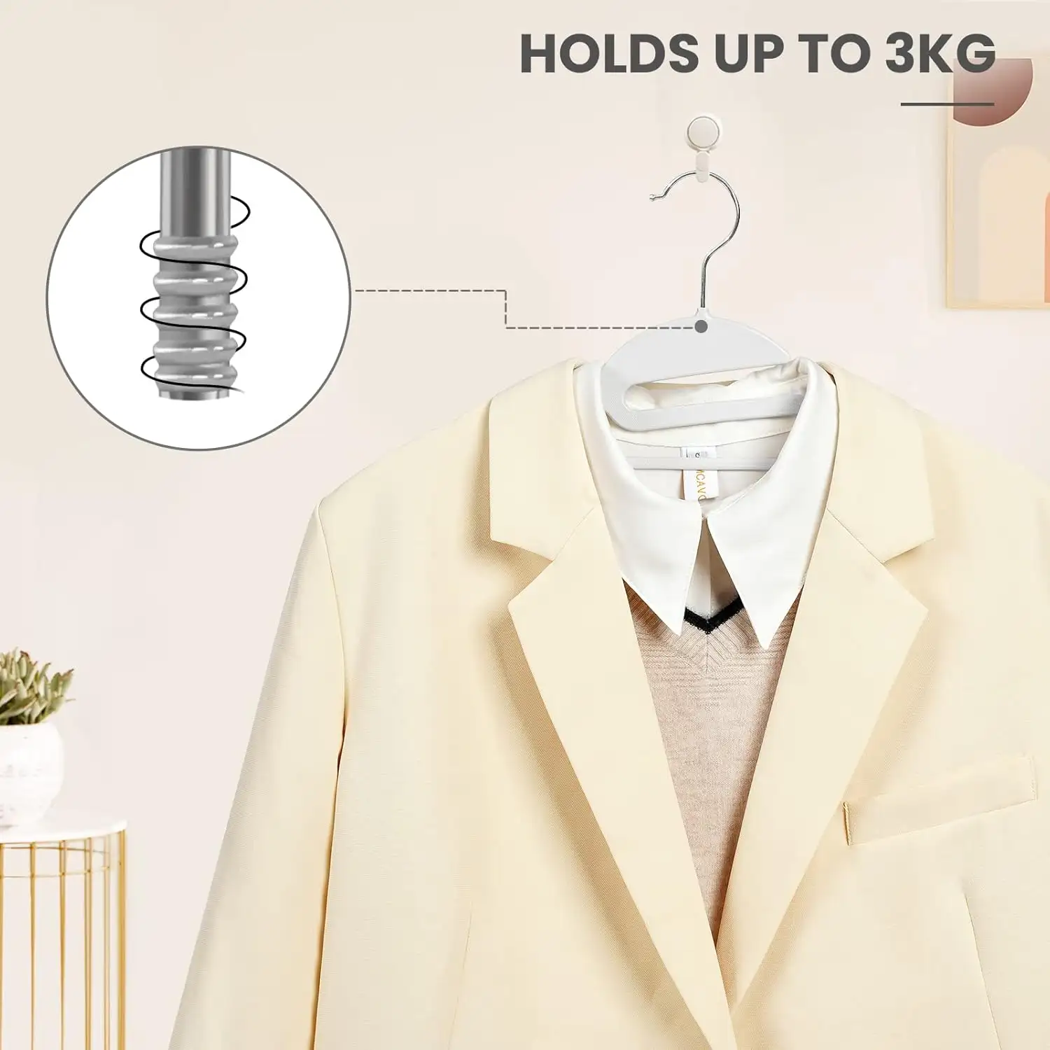 50 pack of non-slip plastic hangers, 0.2 inches thick, with 360° swivel hook for space-saving organization.