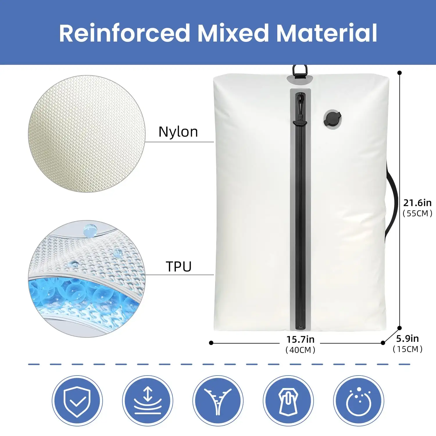 BAGAIL Extra Large TPU Vacuum Bag in Beige, waterproof zipper, reusable, ideal for travel storage in suitcases and backpacks.