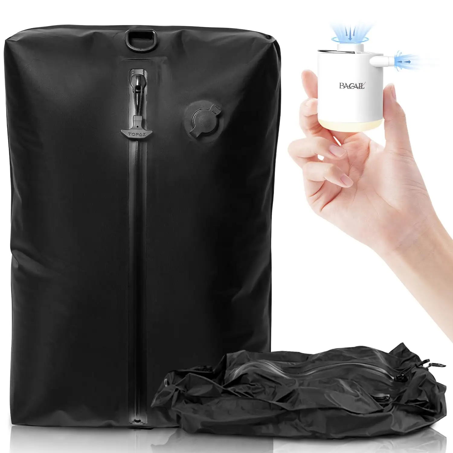 BAGAIL extra-large TPU vacuum bag, reusable, waterproof zipper, ideal for travel, saving space in suitcases and backpacks.