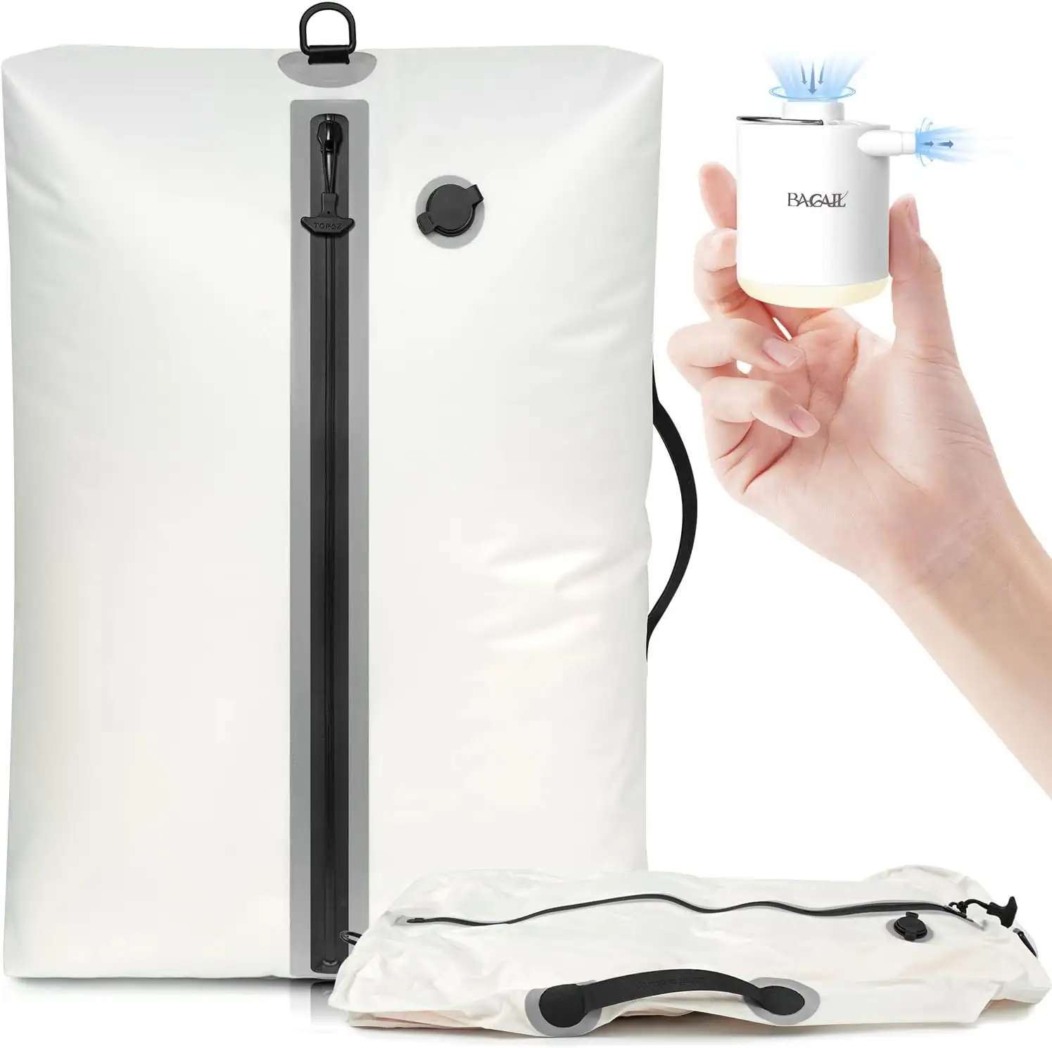 BAGAIL beige extra-large TPU vacuum bag with waterproof zipper for travel, compresses clothes for suitcase and backpack.