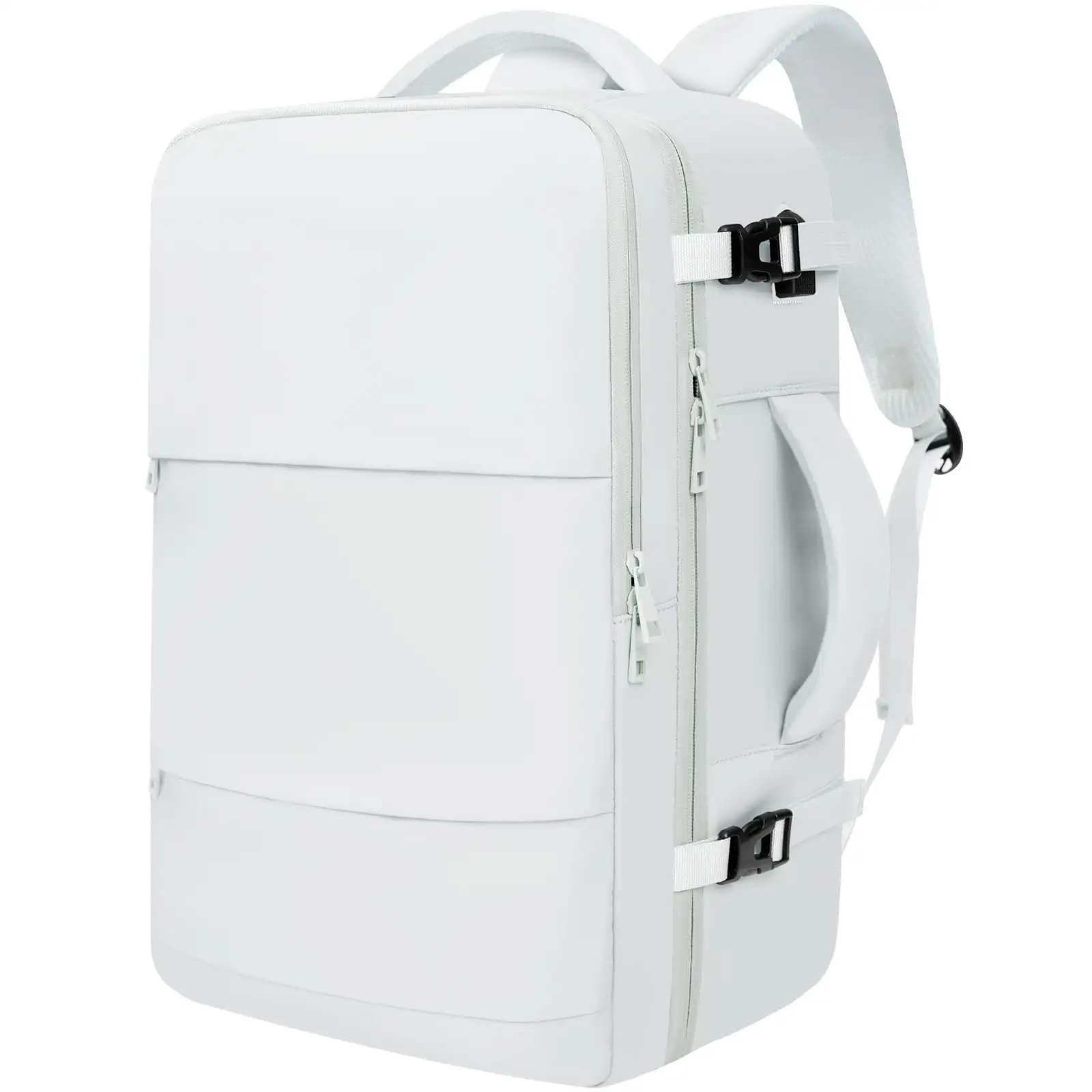 Beige travel laptop backpack with USB port, spacious carry-on luggage bag for holidays and business trips.