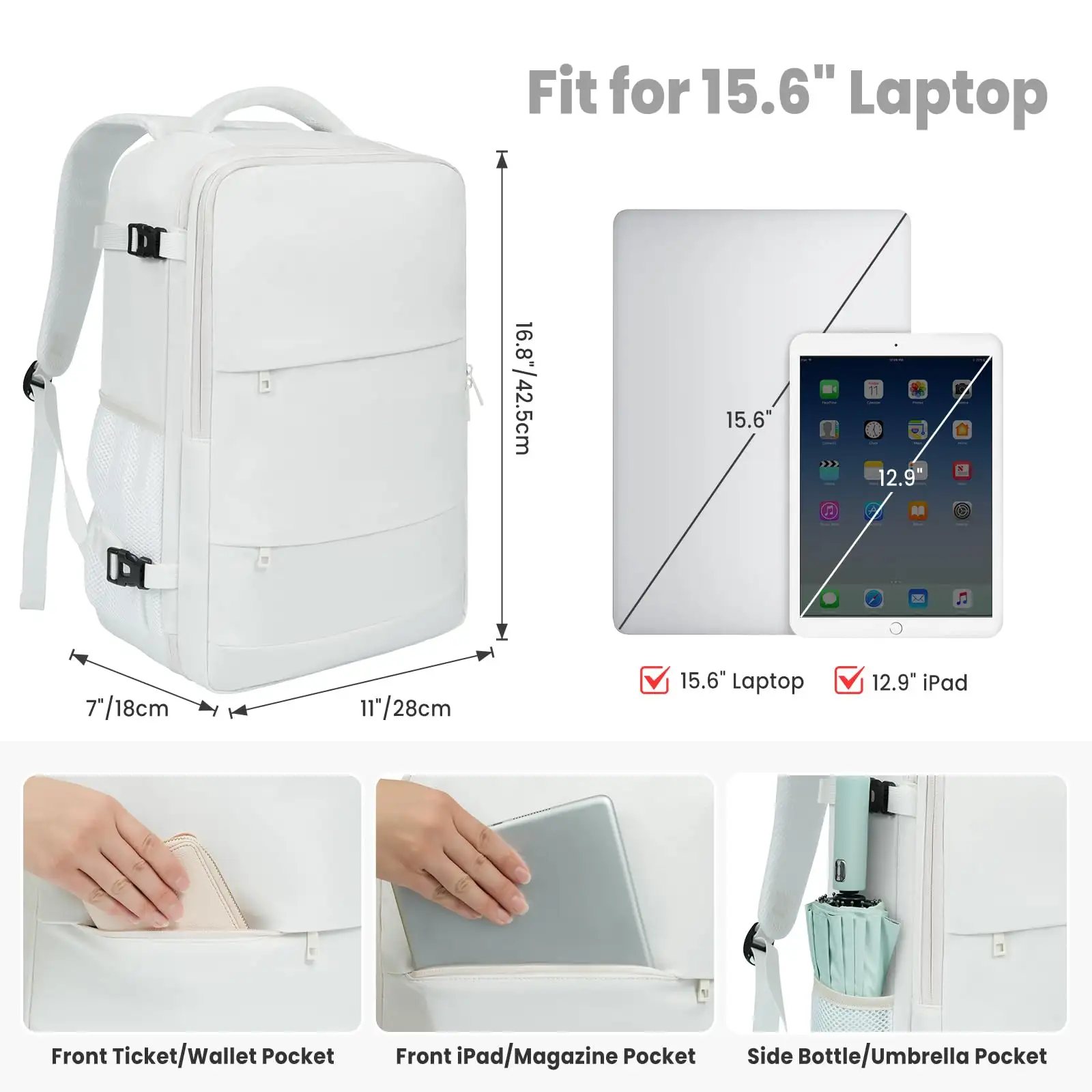 Beige travel laptop backpack with USB port and luggage strap, perfect for carry-on and holiday trips.