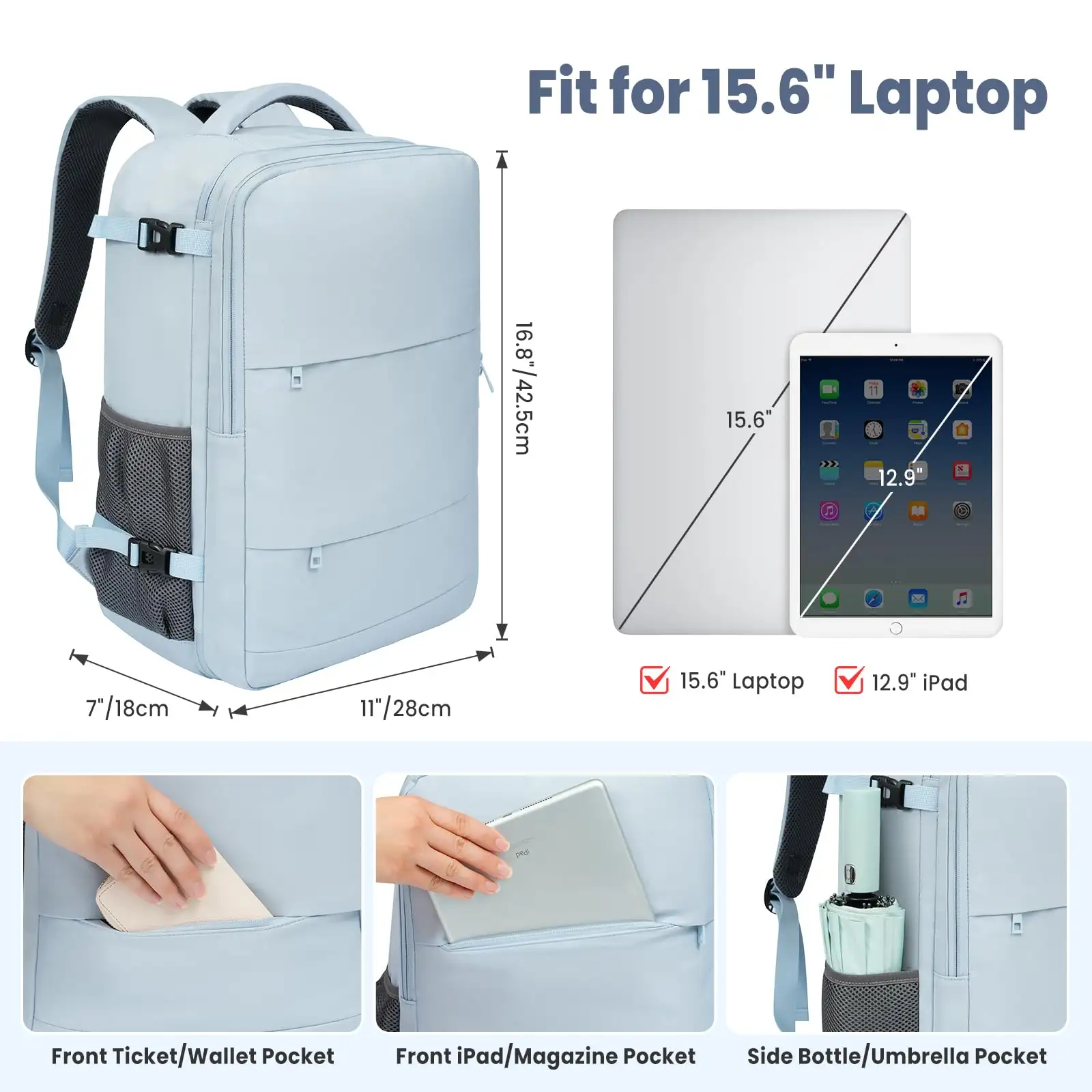 Travel laptop backpack with USB port, spacious luggage bag for carry-on, durable beige design for holidays and travel.