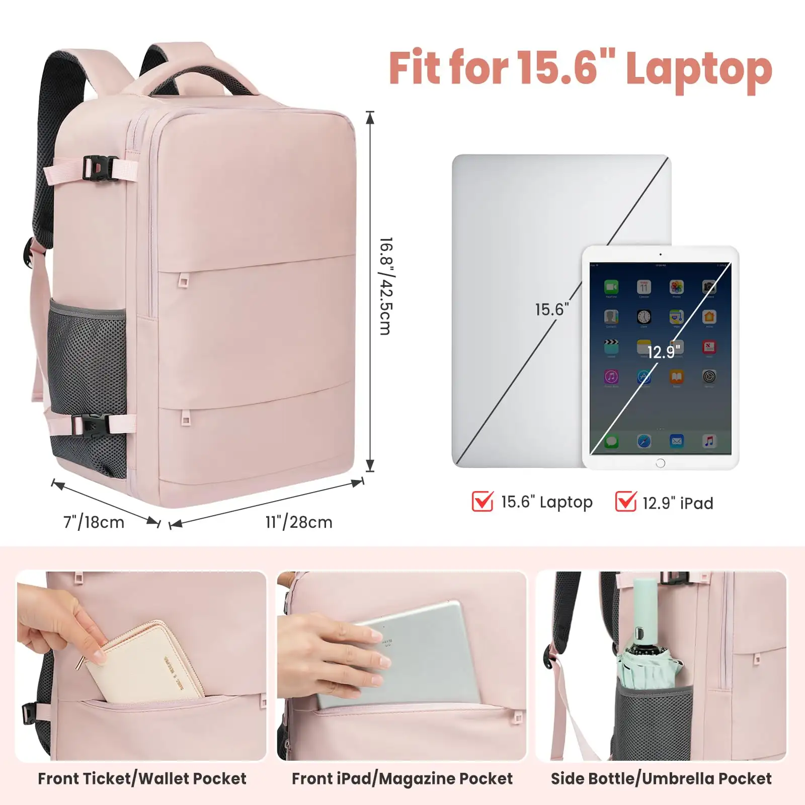 Beige travel laptop backpack with USB port, designed for carry-on luggage and perfect for holidays or business trips.