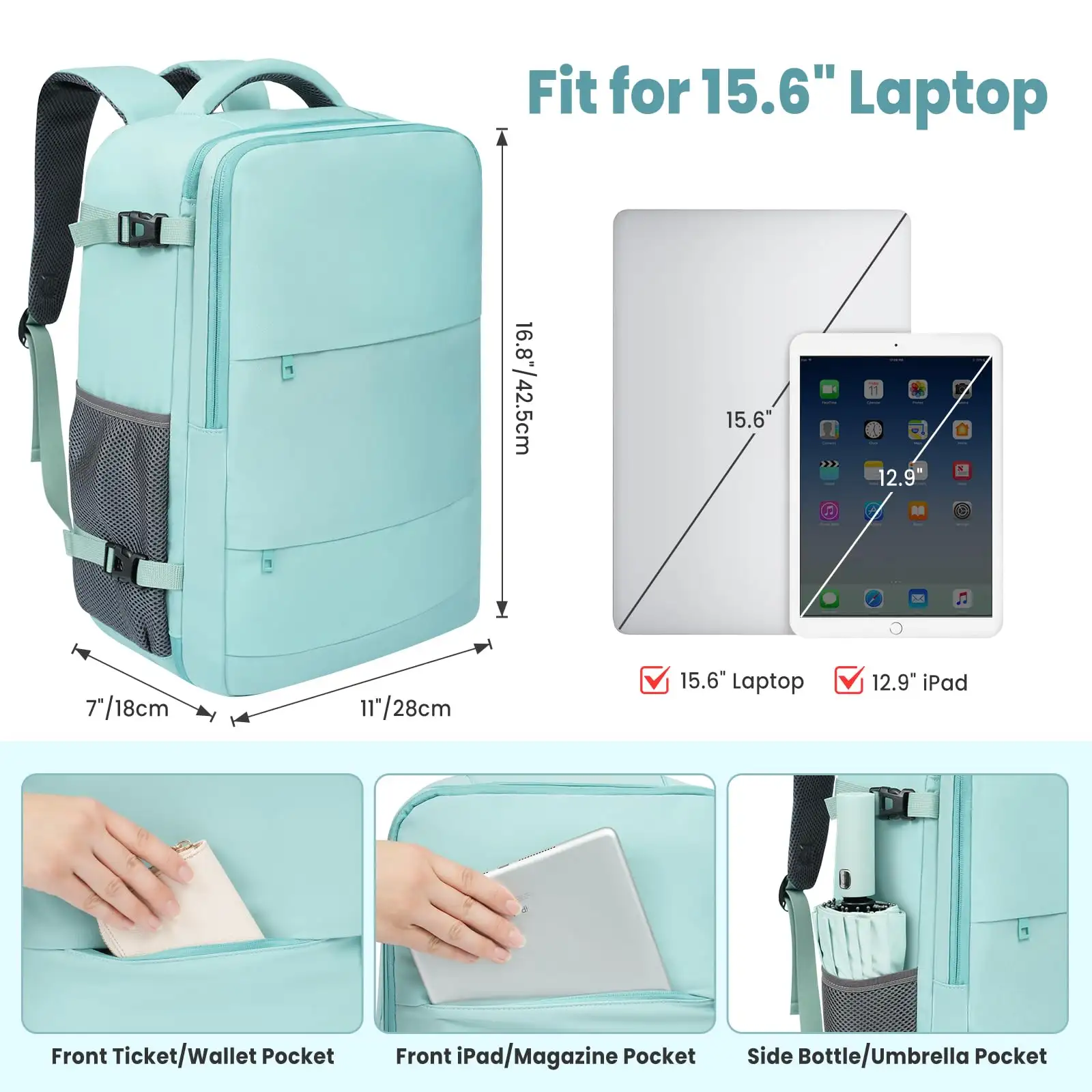 Beige travel laptop backpack with USB port, ideal carry-on luggage bag for holidays and business trips.