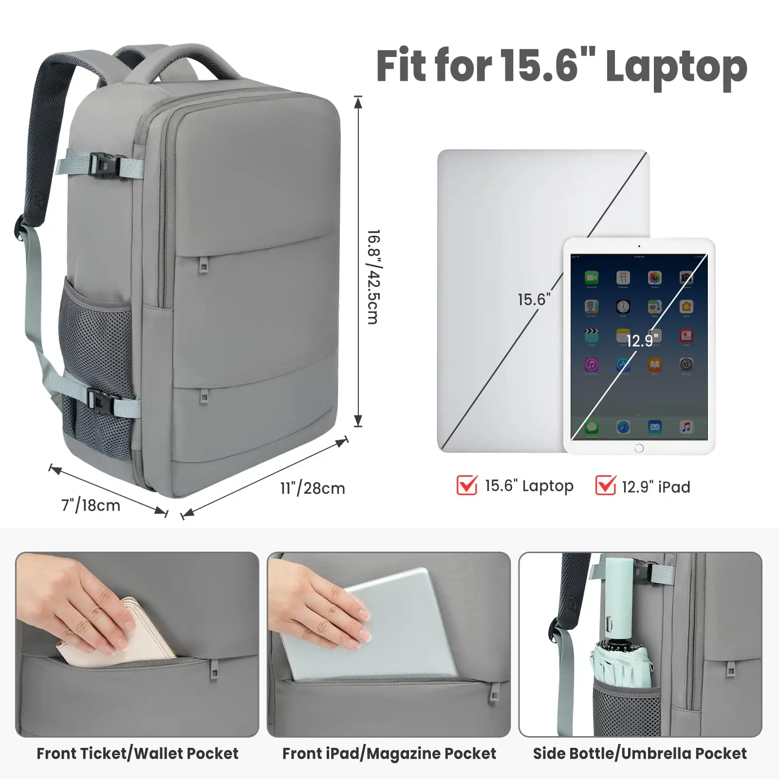 Beige travel laptop backpack with USB port, perfect carry-on luggage for holidays and business trips.