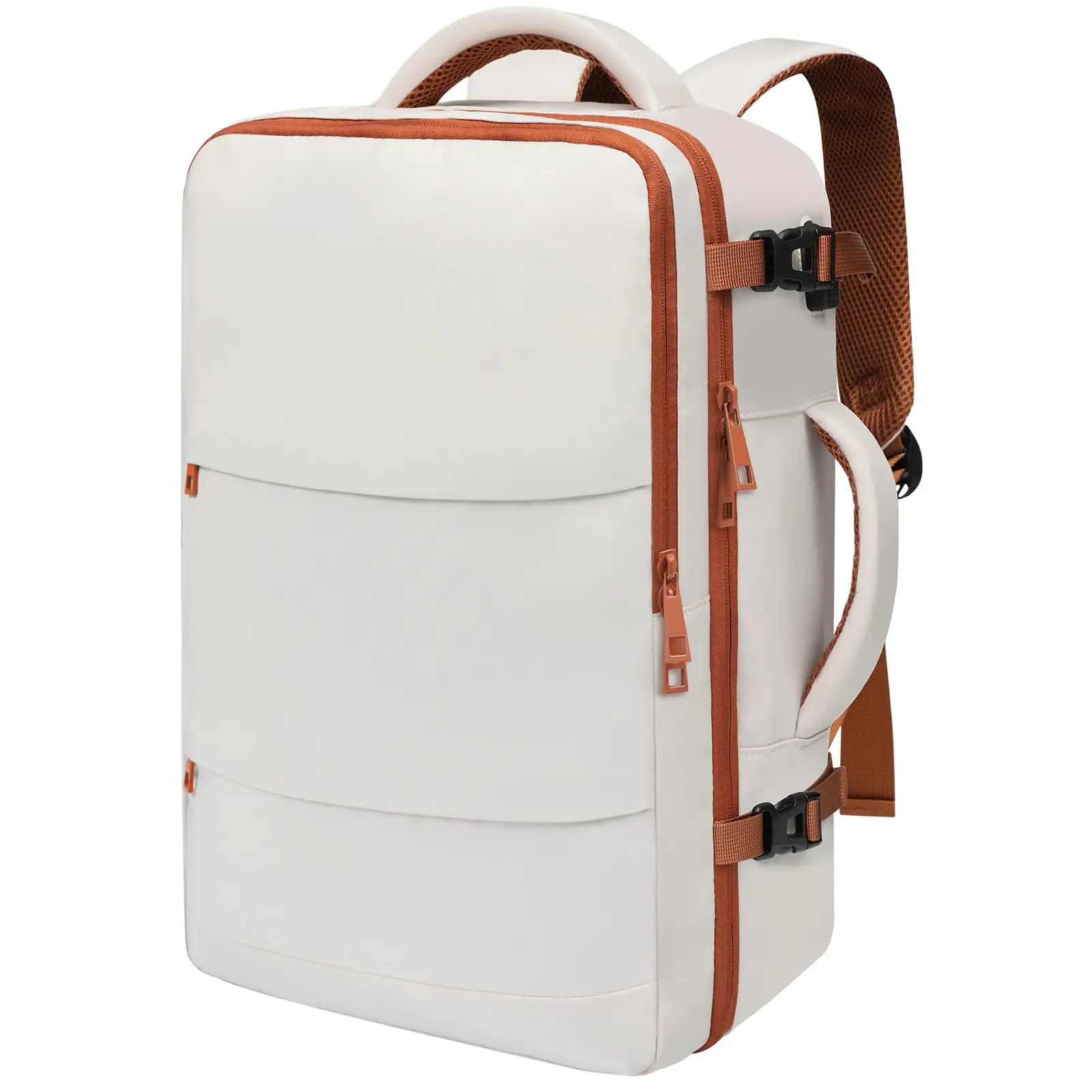 Beige travel laptop backpack with USB port, ideal carry-on luggage bag for holidays and daily use. Large and stylish design.
