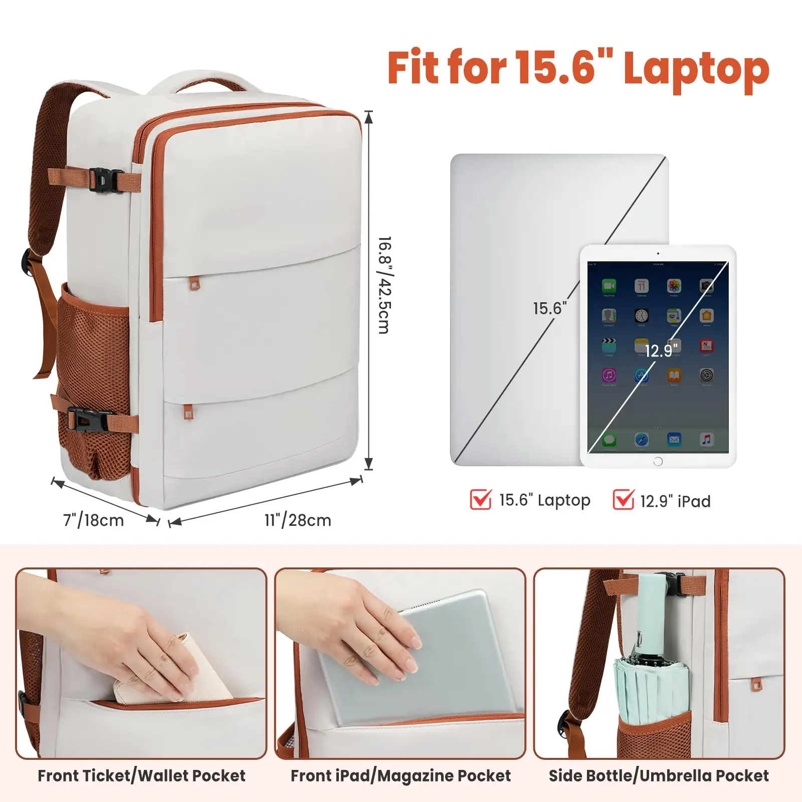 Beige travel laptop backpack with USB port, designed for carry-on luggage and convenient travel.