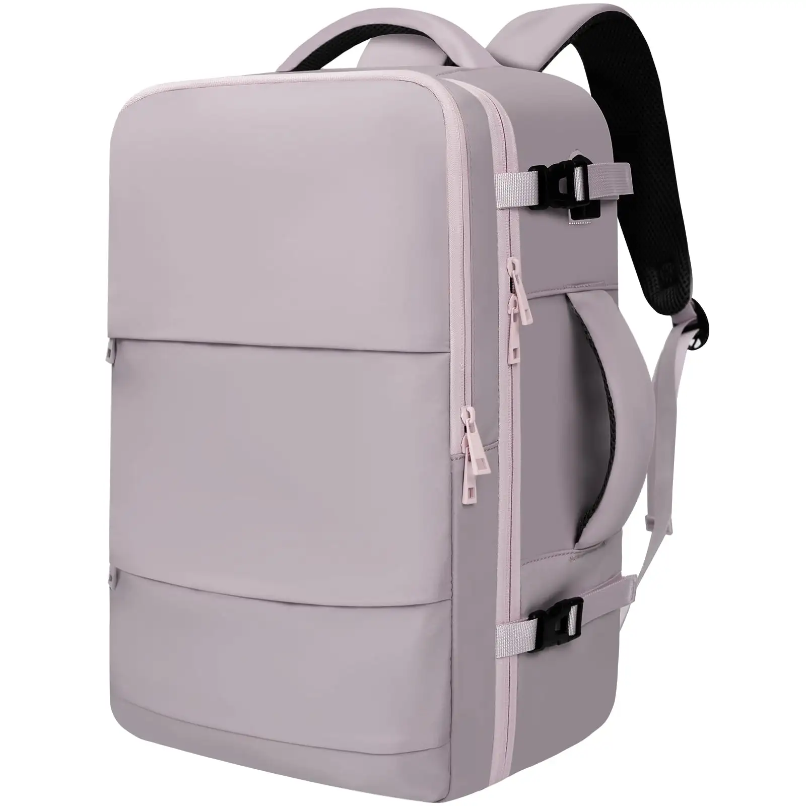Beige travel laptop backpack with USB port, carry-on luggage bag for holidays, stylish and spacious design.