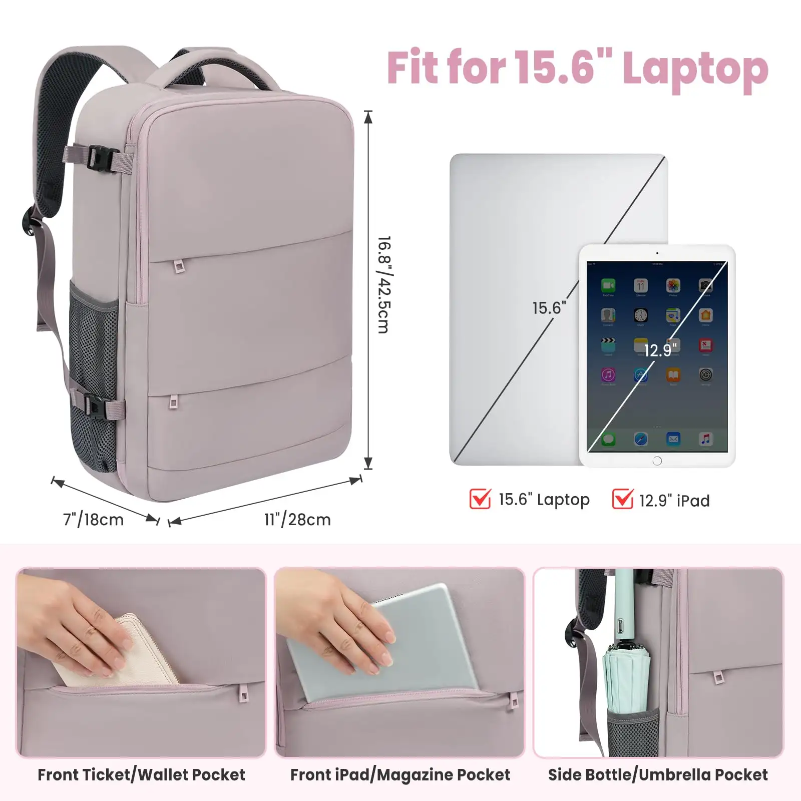 Beige travel laptop backpack with USB port, perfect carry-on luggage bag for holidays and business trips.