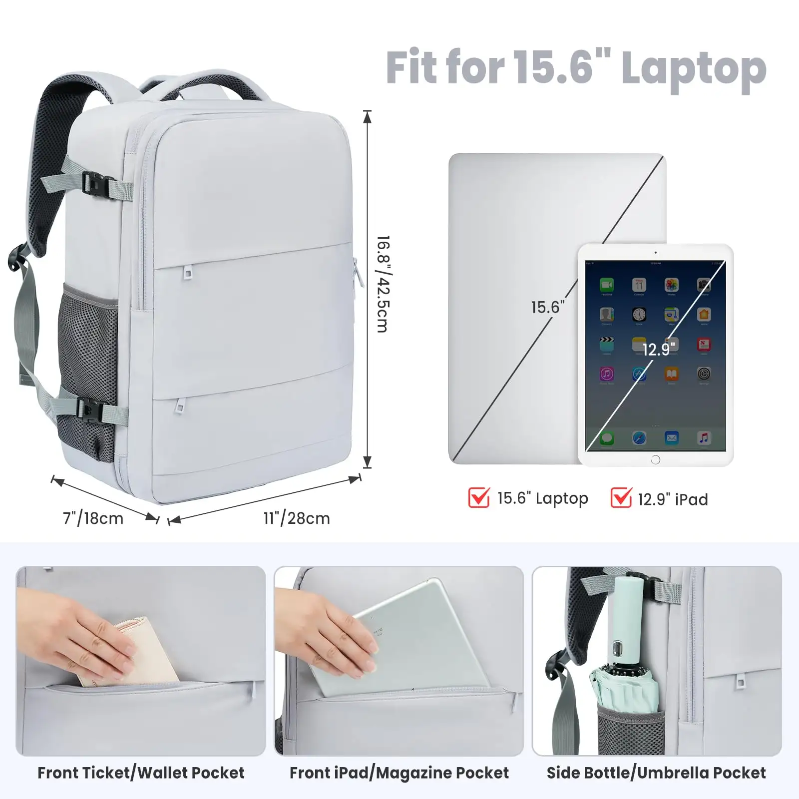 Beige travel laptop backpack with USB port, spacious carry-on luggage bag for holidays and business trips.