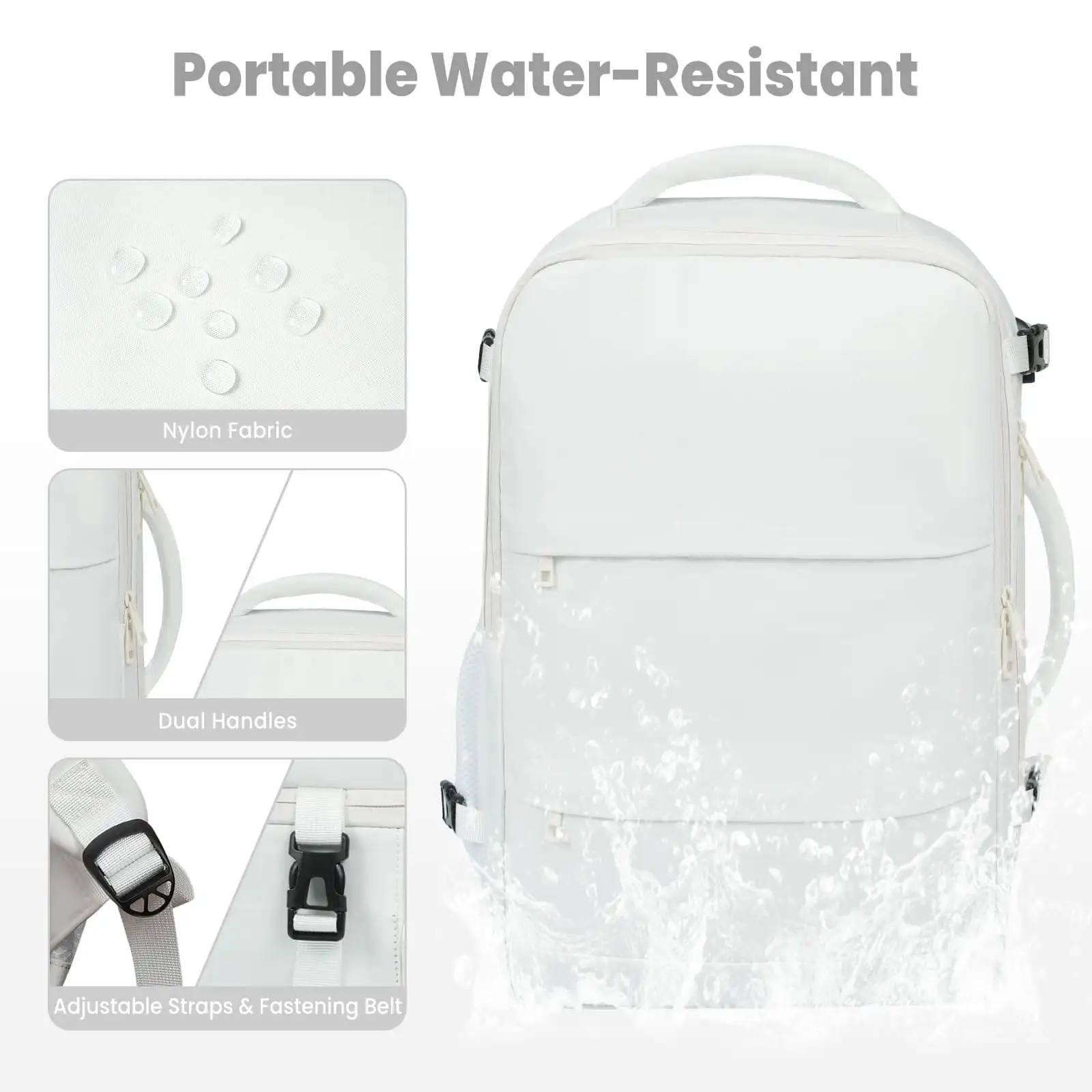 Beige travel laptop backpack with USB port, carry-on luggage bag for holidays and business trips.