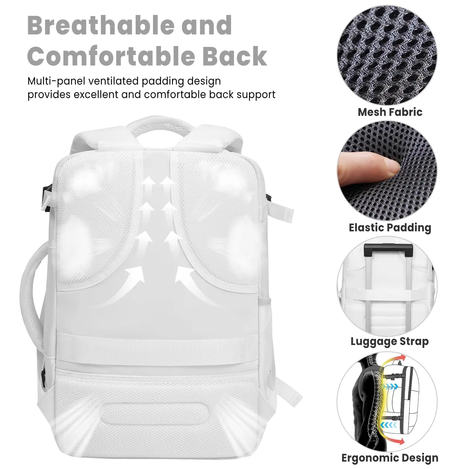 Beige travel laptop backpack with USB port, perfect carry-on luggage bag for holidays and business trips.