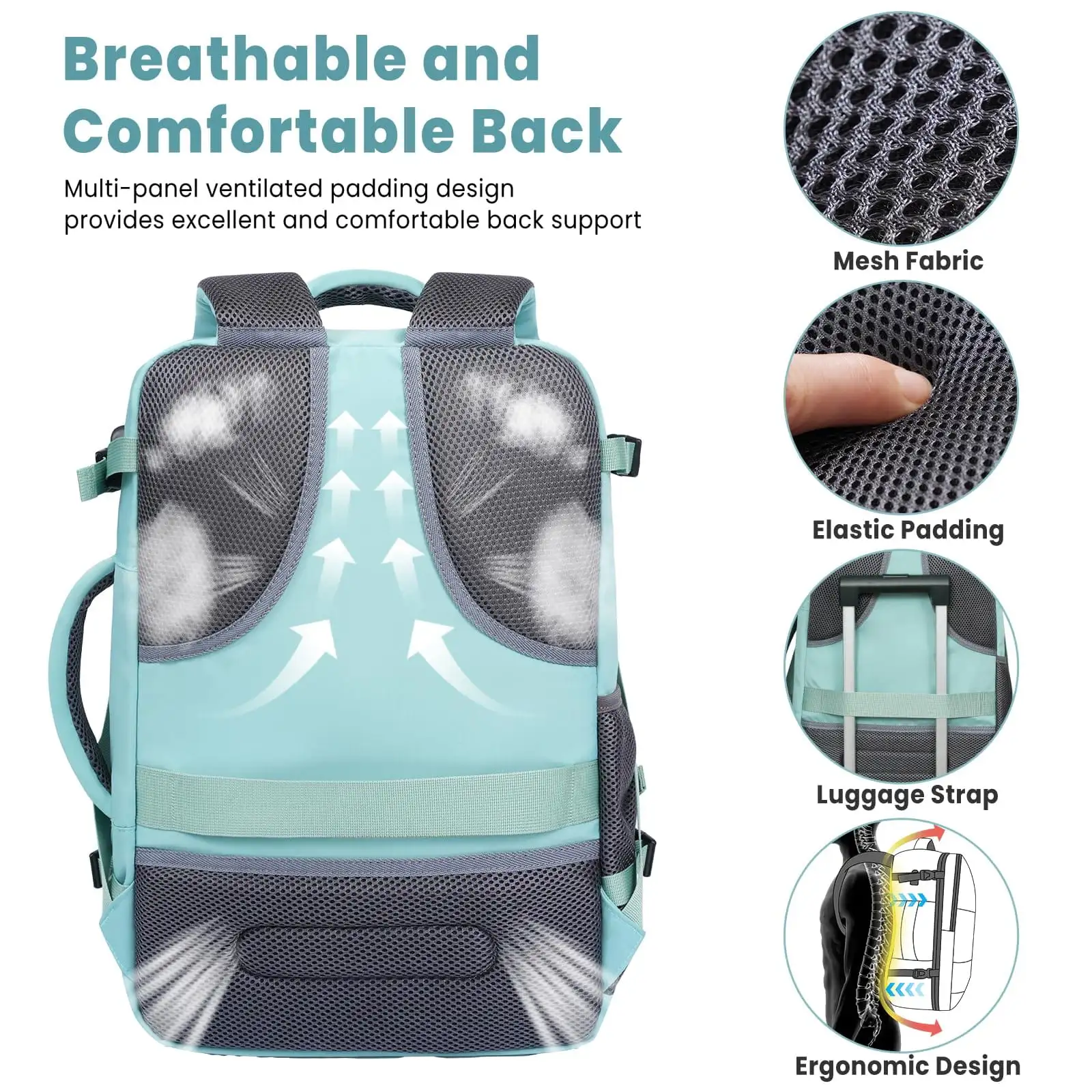 Beige travel laptop backpack with USB port, perfect carry-on luggage for holidays and business trips.