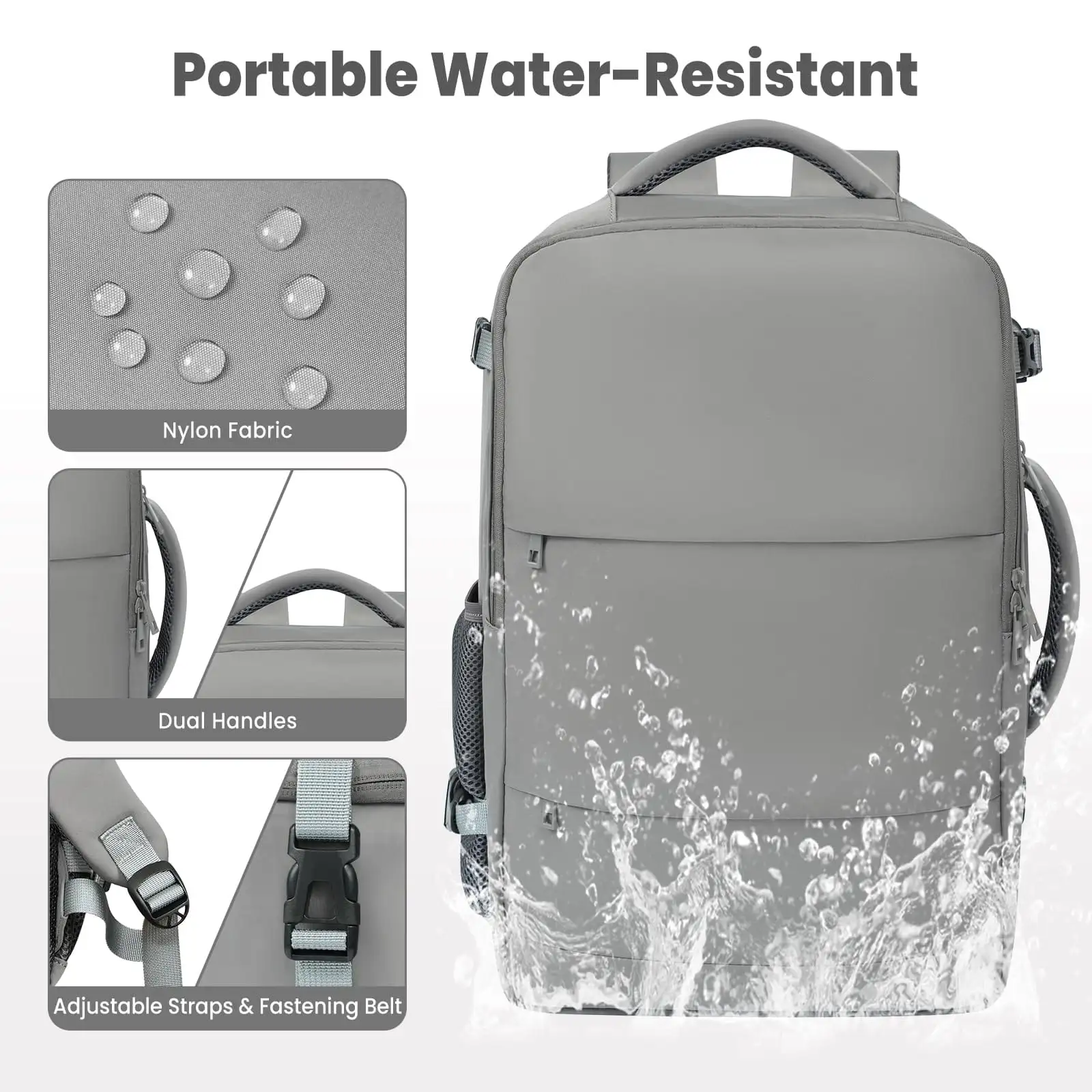 Beige travel laptop backpack with USB port, ideal carry-on luggage for holidays and business trips.