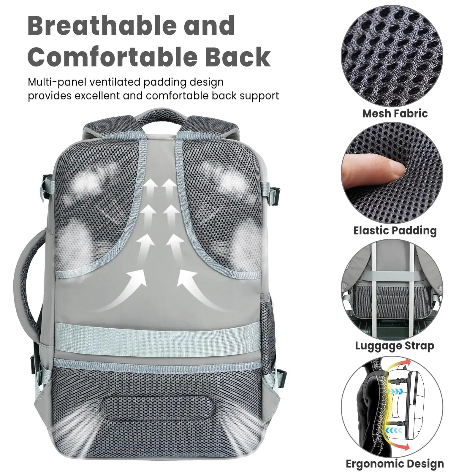 Beige travel laptop backpack with USB port, ideal carry-on luggage bag for holidays and business trips.