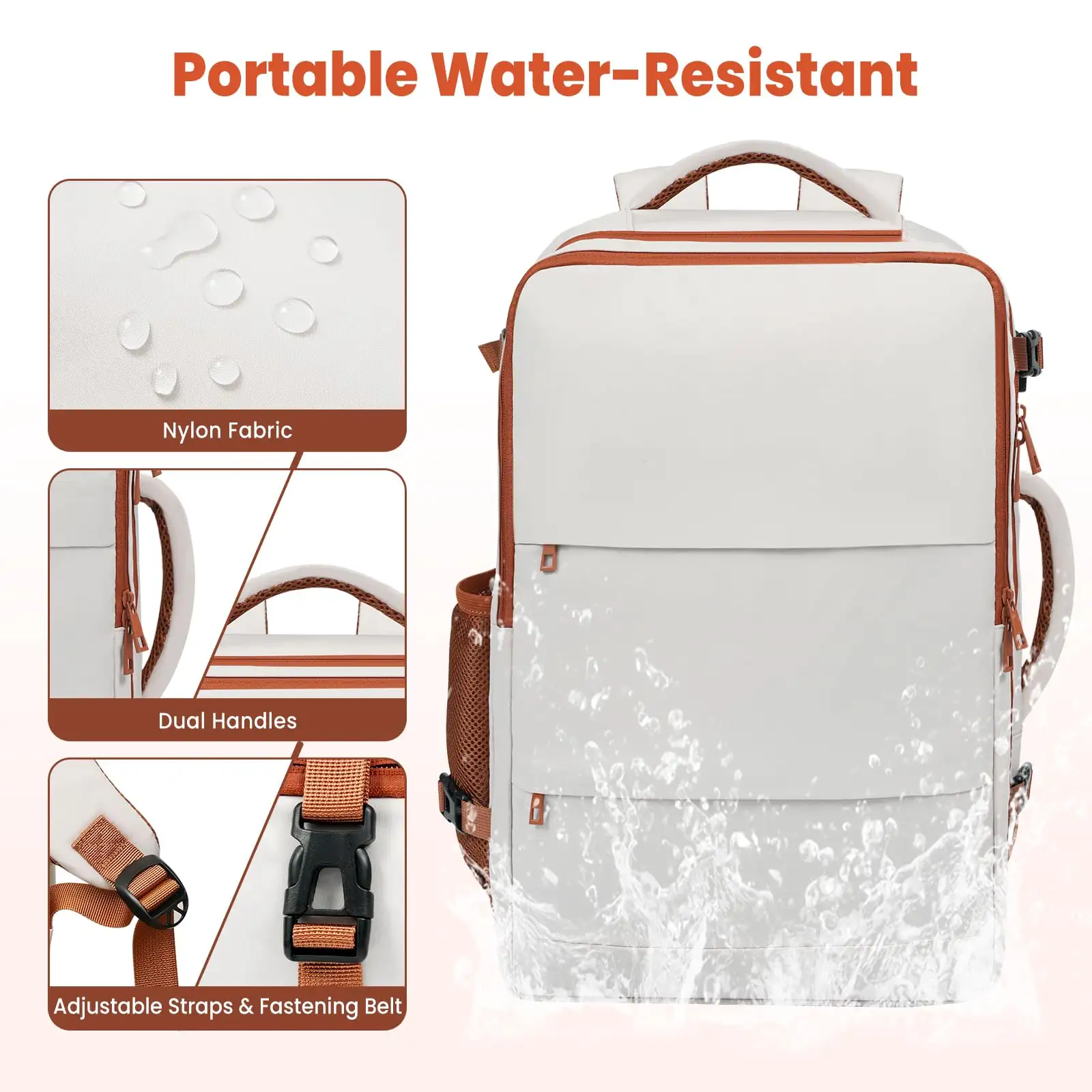 Beige travel laptop backpack with USB port, perfect carry-on luggage bag for holidays and business trips.