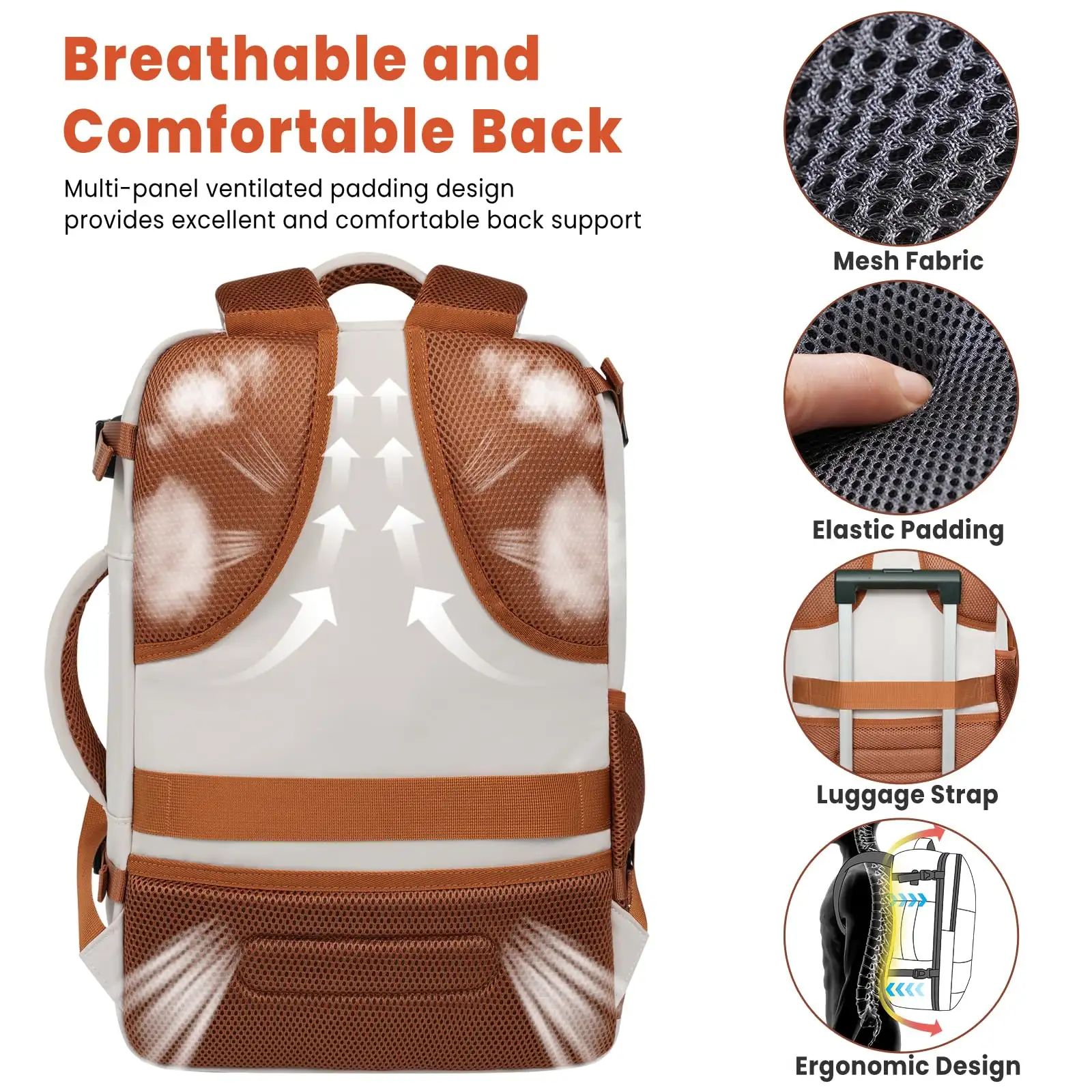 Travel laptop backpack with USB port, stylish beige carry-on luggage bag for convenient travel and daily use.