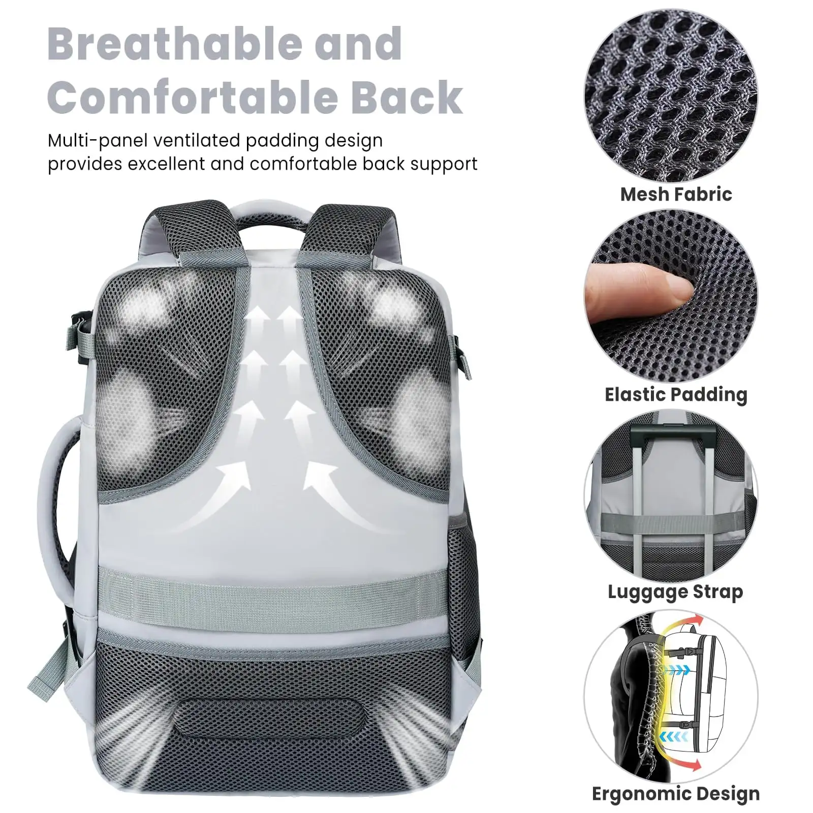 Beige travel laptop backpack with USB port, perfect carry-on luggage for holidays and business trips.