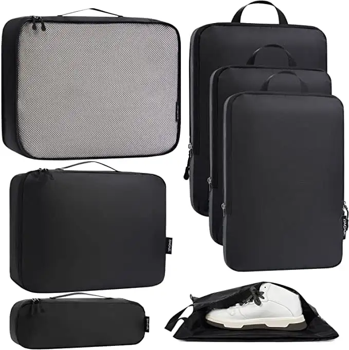 7-piece ultralight packing cubes set with 3 compression organizers and 1 shoe bag for efficient travel storage.