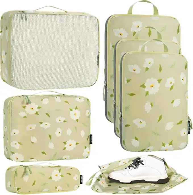 7-piece ultralight packing cube set with 3 compression organizers and 1 shoe bag, ideal for travel and storage.