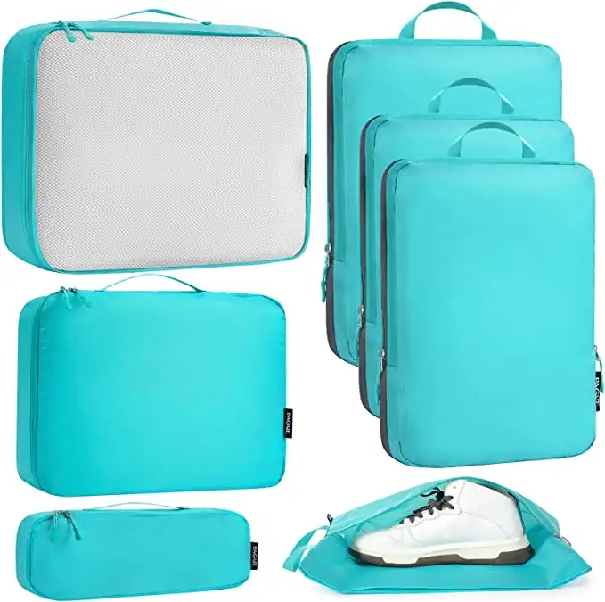 7-piece ultralight packing cube set with 3 compression organizers and 1 shoe bag for efficient travel storage.