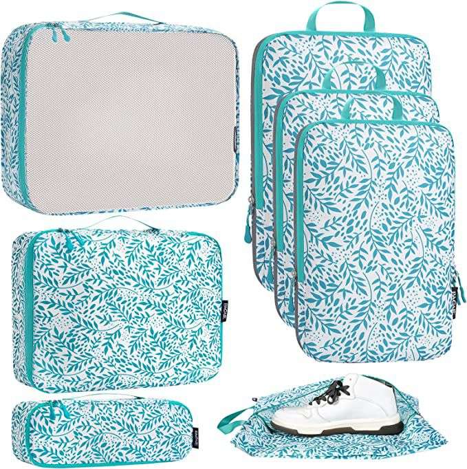 7-piece ultralight packing cube set with 3 compression organizers and 1 shoe bag for efficient travel storage.