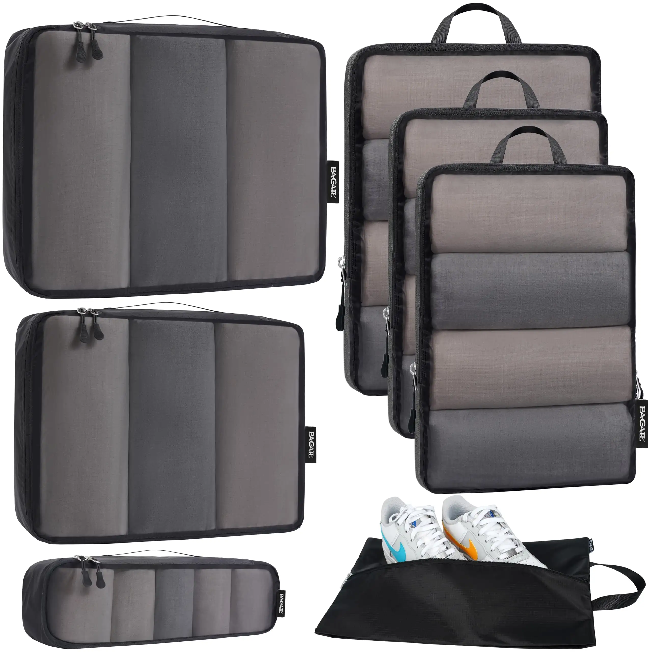 7-piece ultralight packing cubes set with 3 compression organizers and 1 shoe bag, perfect for travel and storage.