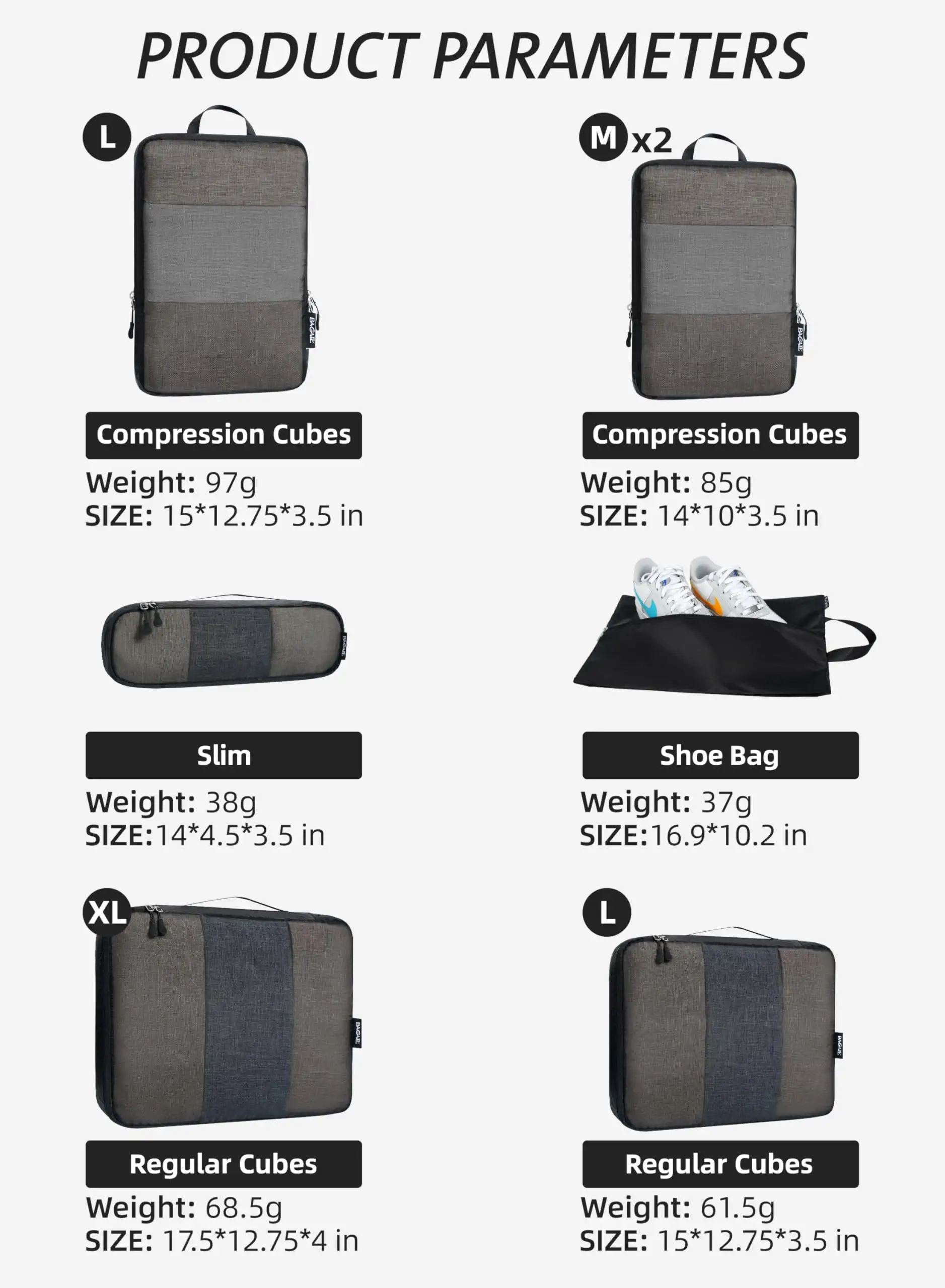 7-piece ultralight packing cube set with 3 compression organizers and 1 shoe bag in beige mesh for efficient travel storage.