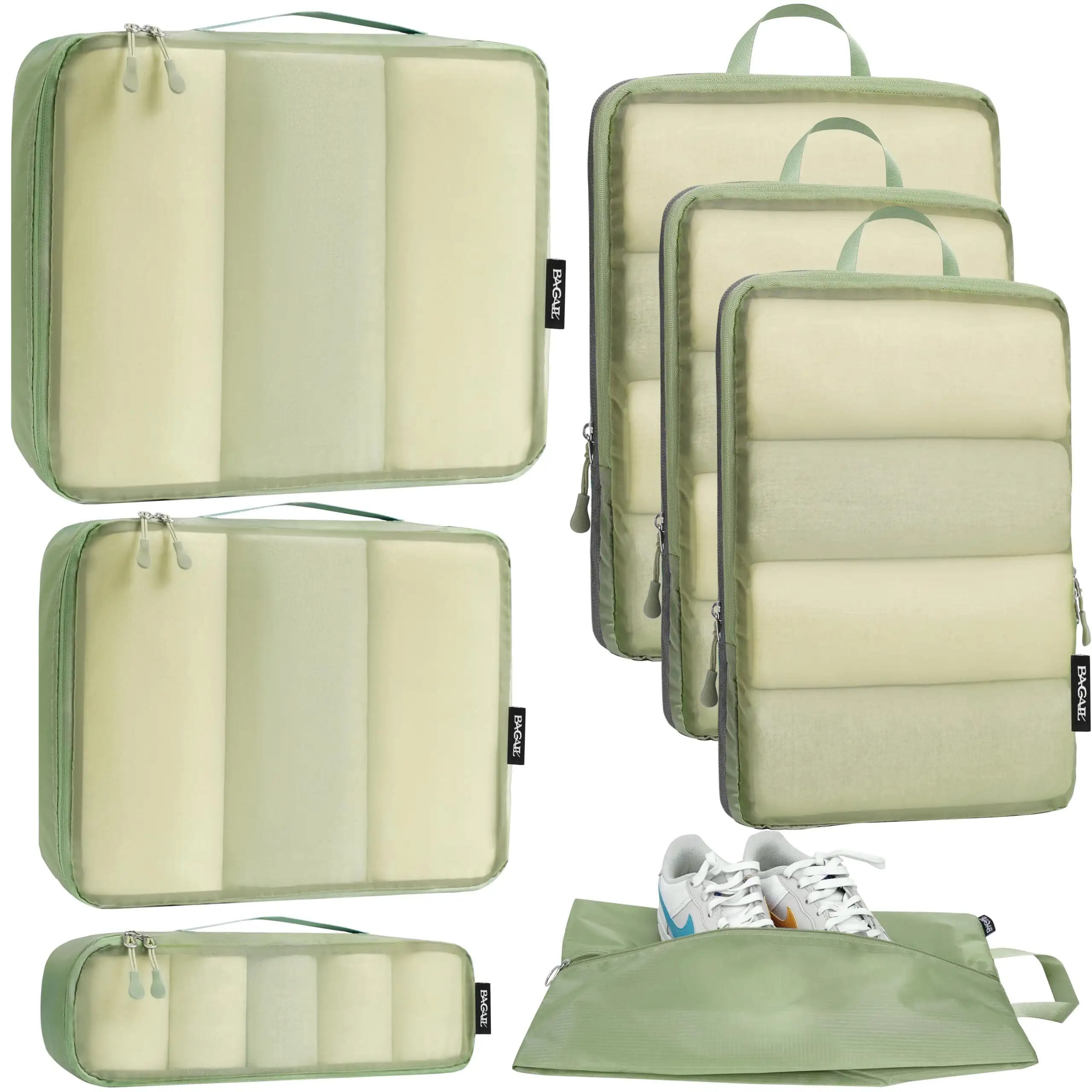 7-piece ultralight packing cubes set with 3 compression organizers and 1 shoe bag in beige mesh for travel efficiency.