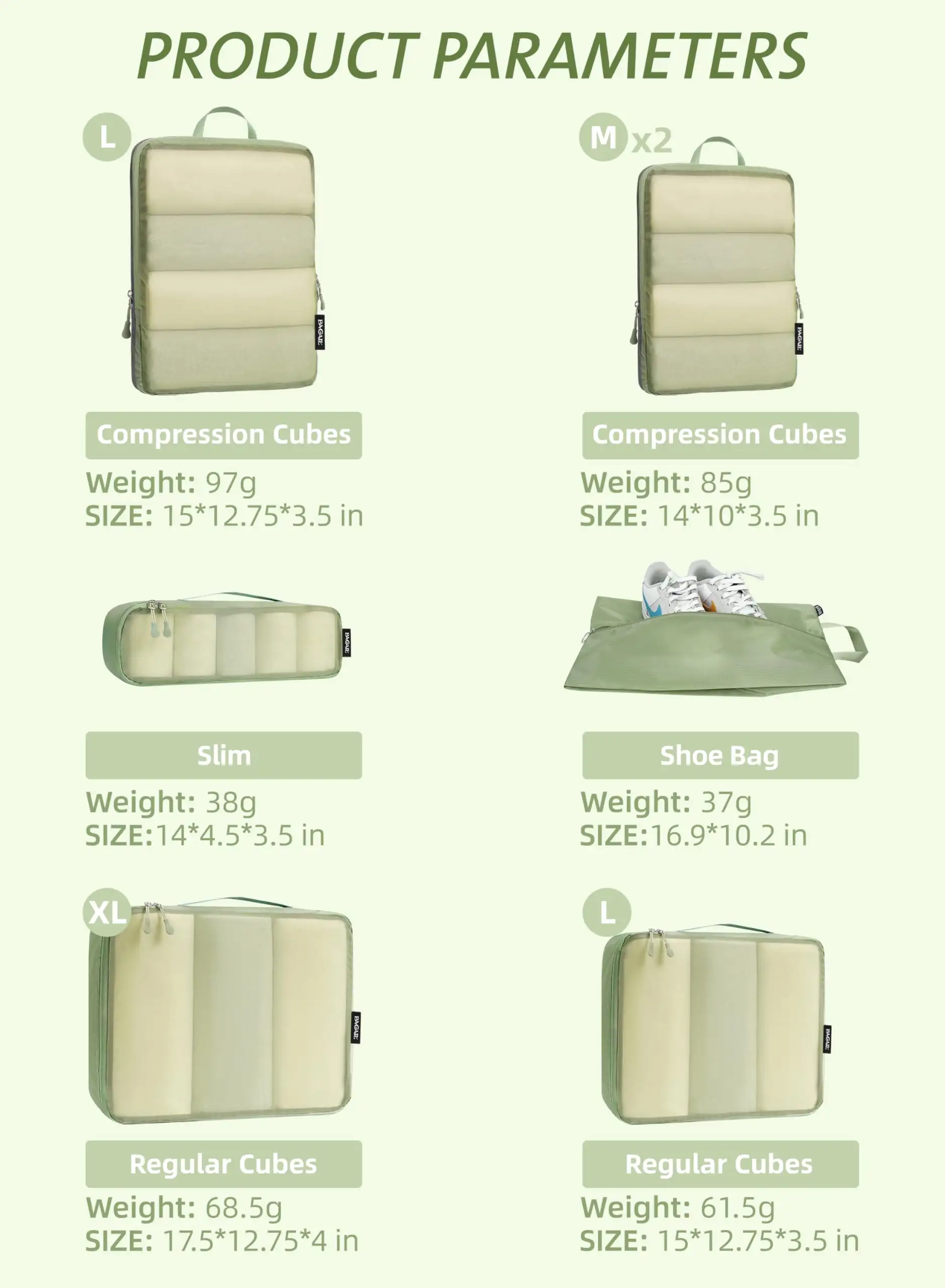 7-piece ultralight packing cube set with 3 compression organizers and 1 shoe bag in beige mesh for travel efficiency.