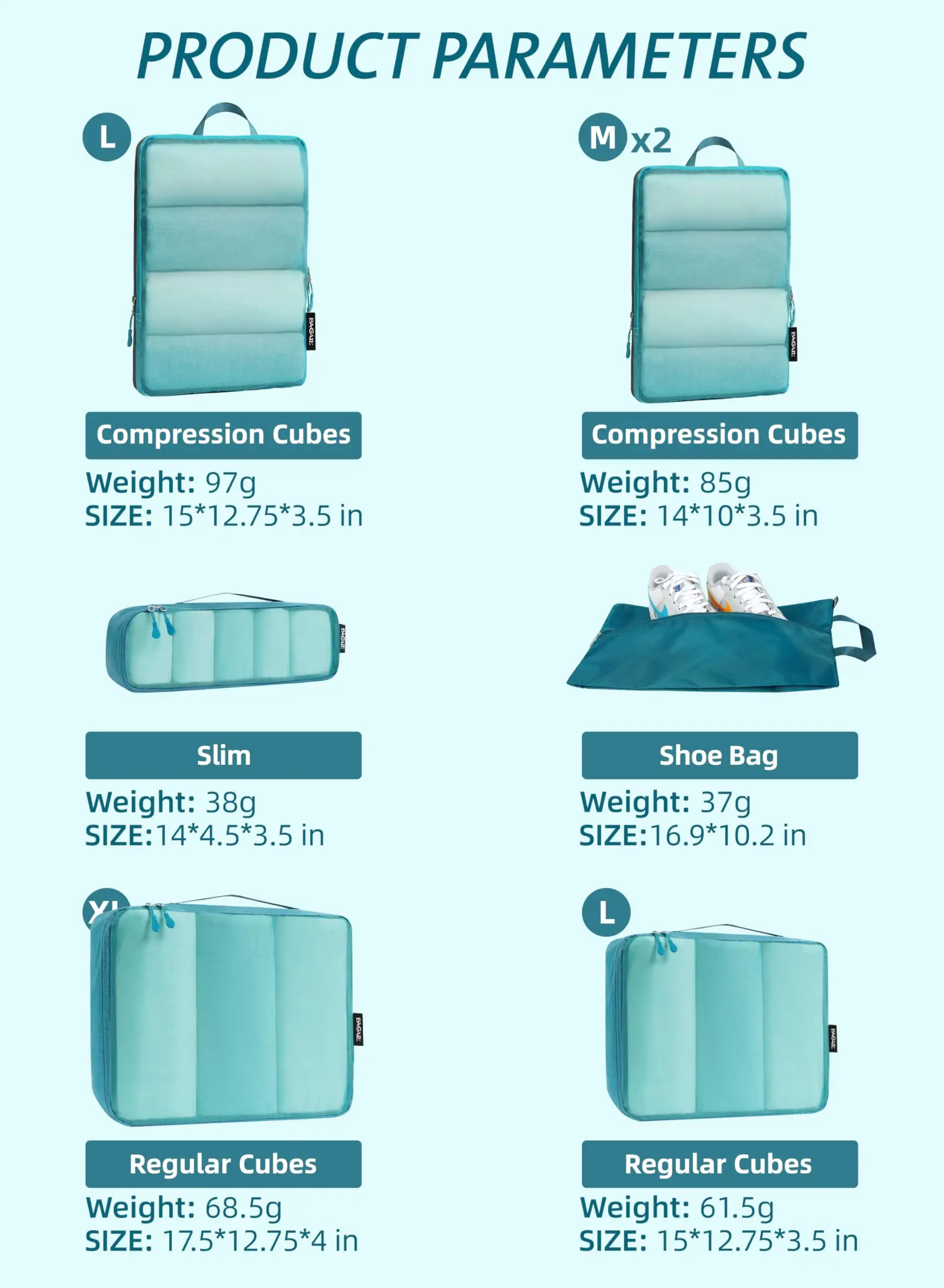 7-piece ultralight packing cubes set with mesh, 3 compression organizers, and 1 shoe bag for efficient travel storage.