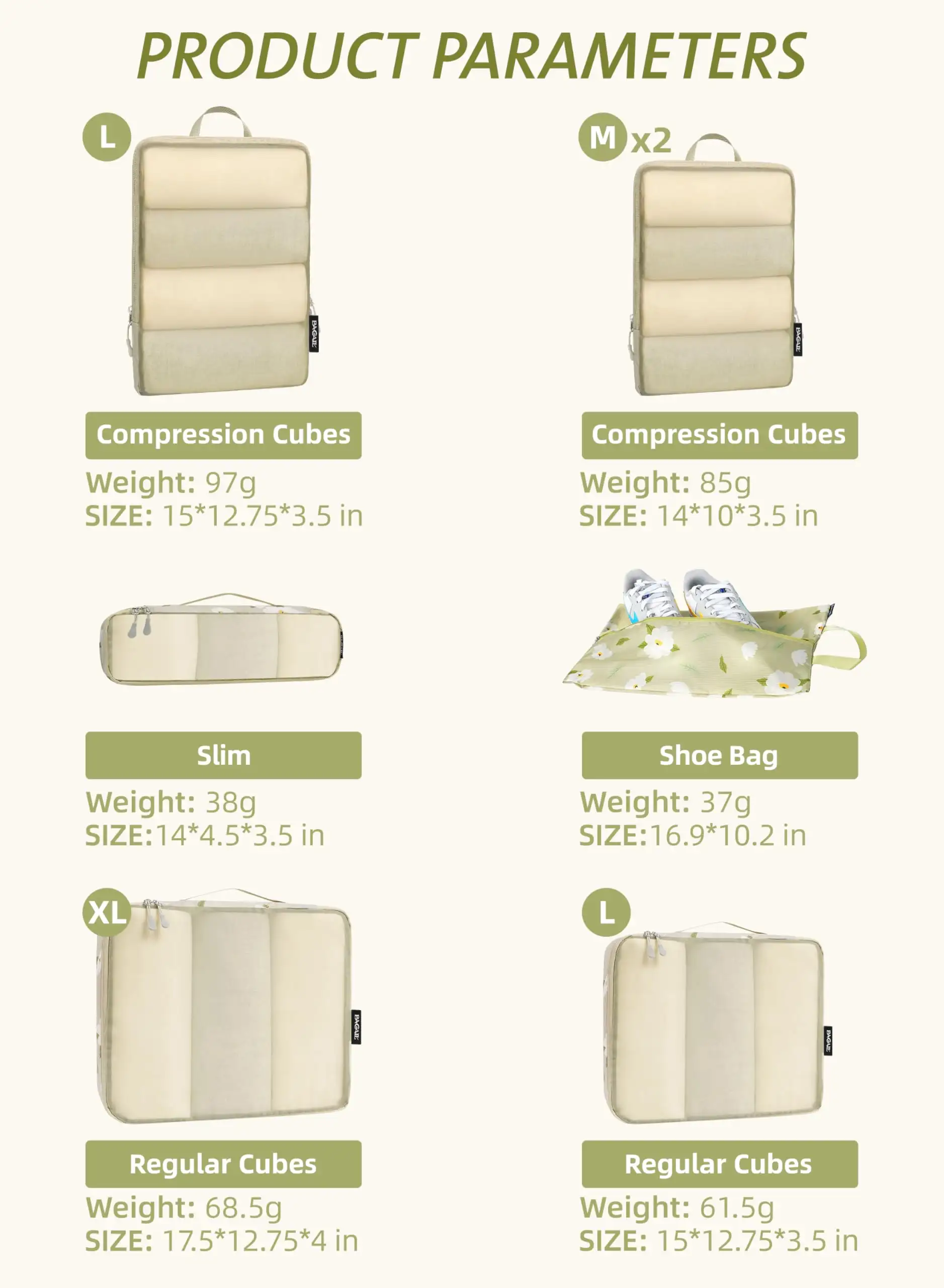 7-piece ultralight packing cube set with 3 compression organizers and 1 shoe bag in beige mesh for travel efficiency.