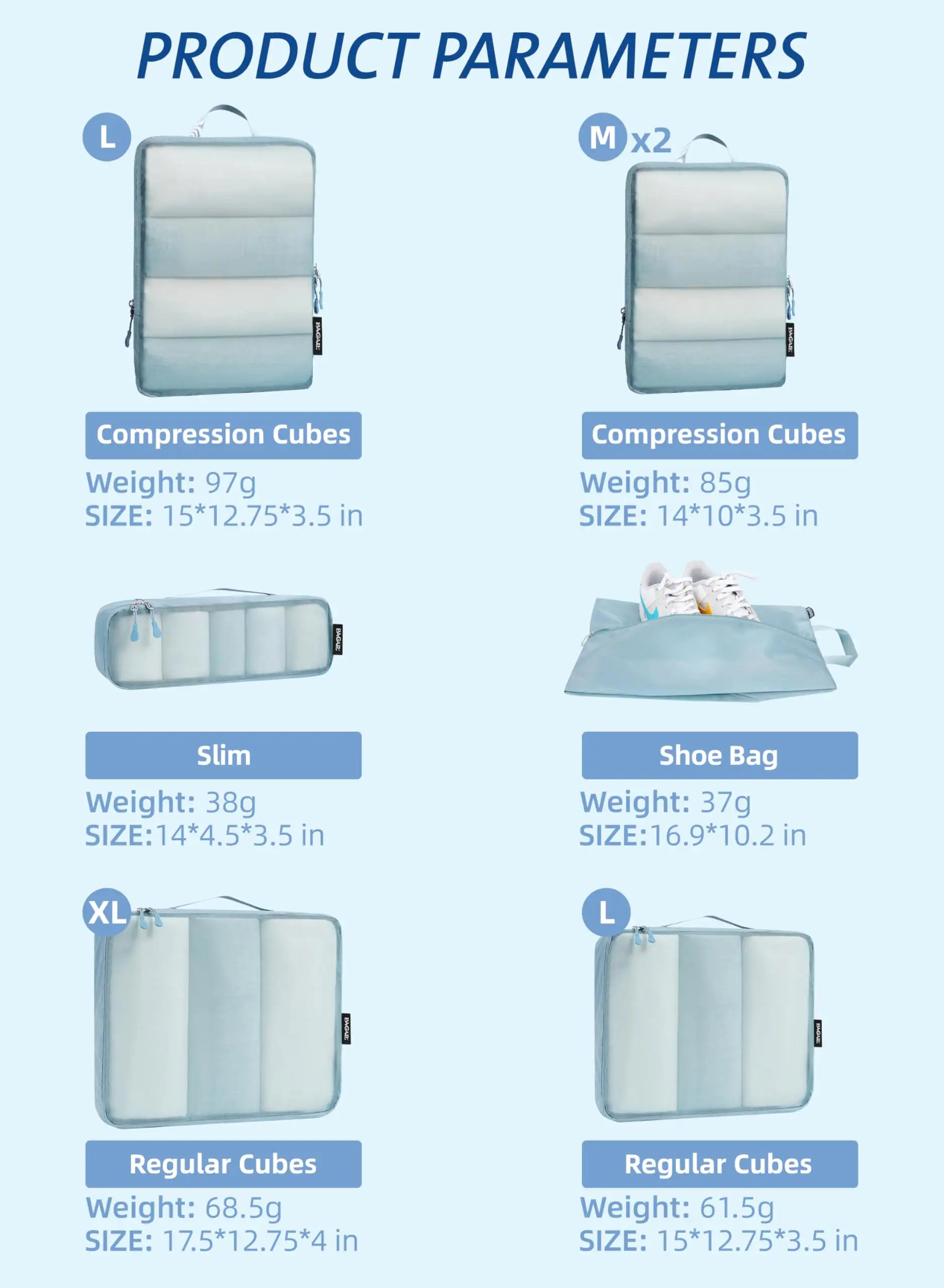 7-piece ultralight packing cubes set with 3 compression organizers and 1 shoe bag in beige mesh for efficient travel storage.