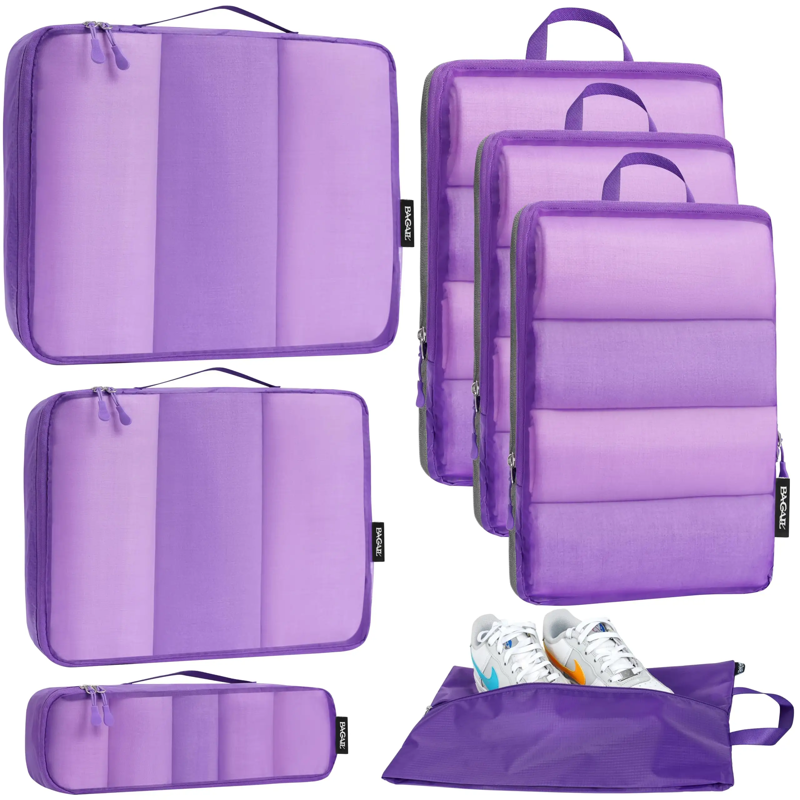 7 set ultralight packing cubes with 3 compression organizers and 1 shoe bag in beige mesh for efficient travel packing.