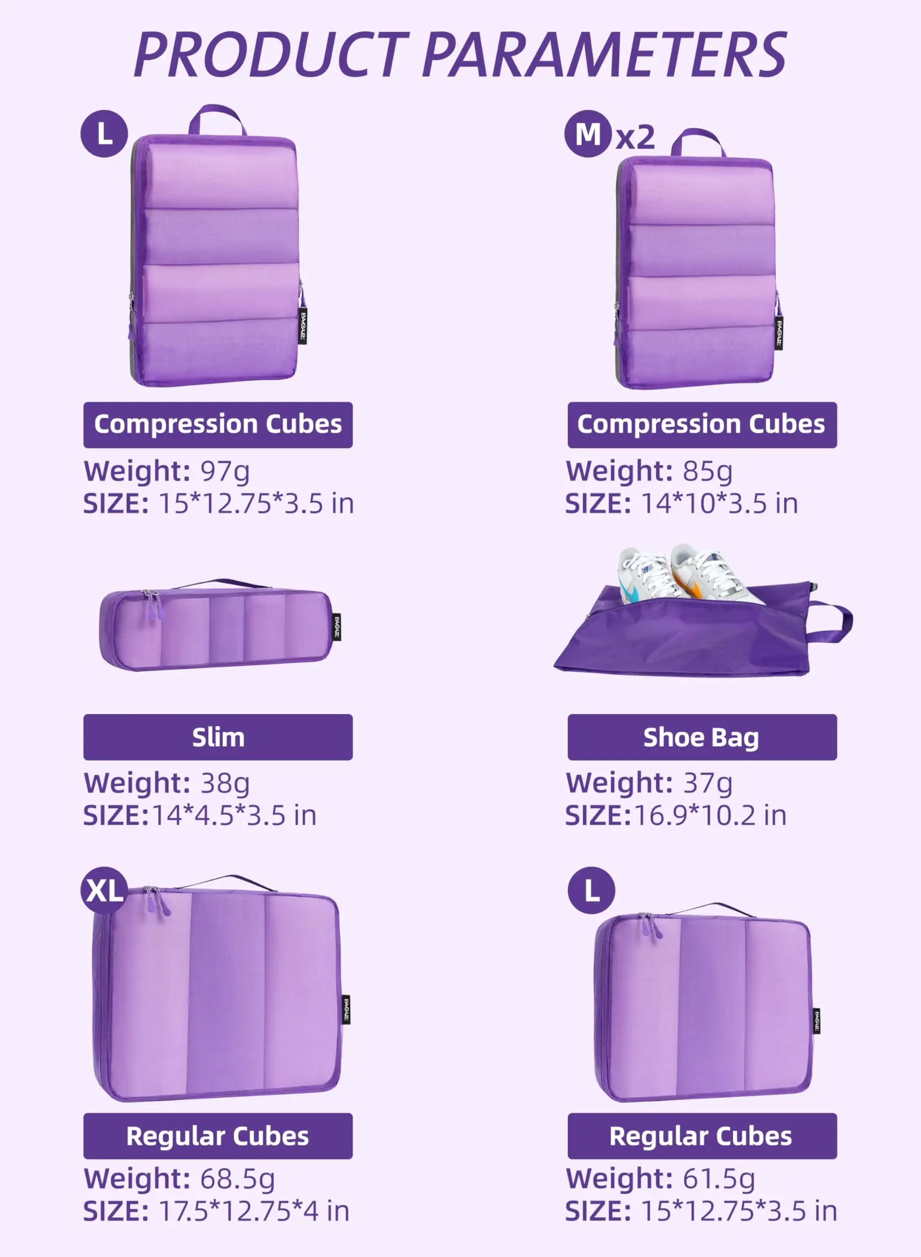 7-piece ultralight packing cubes set with 3 compression organizers and 1 shoe bag for efficient travel storage.