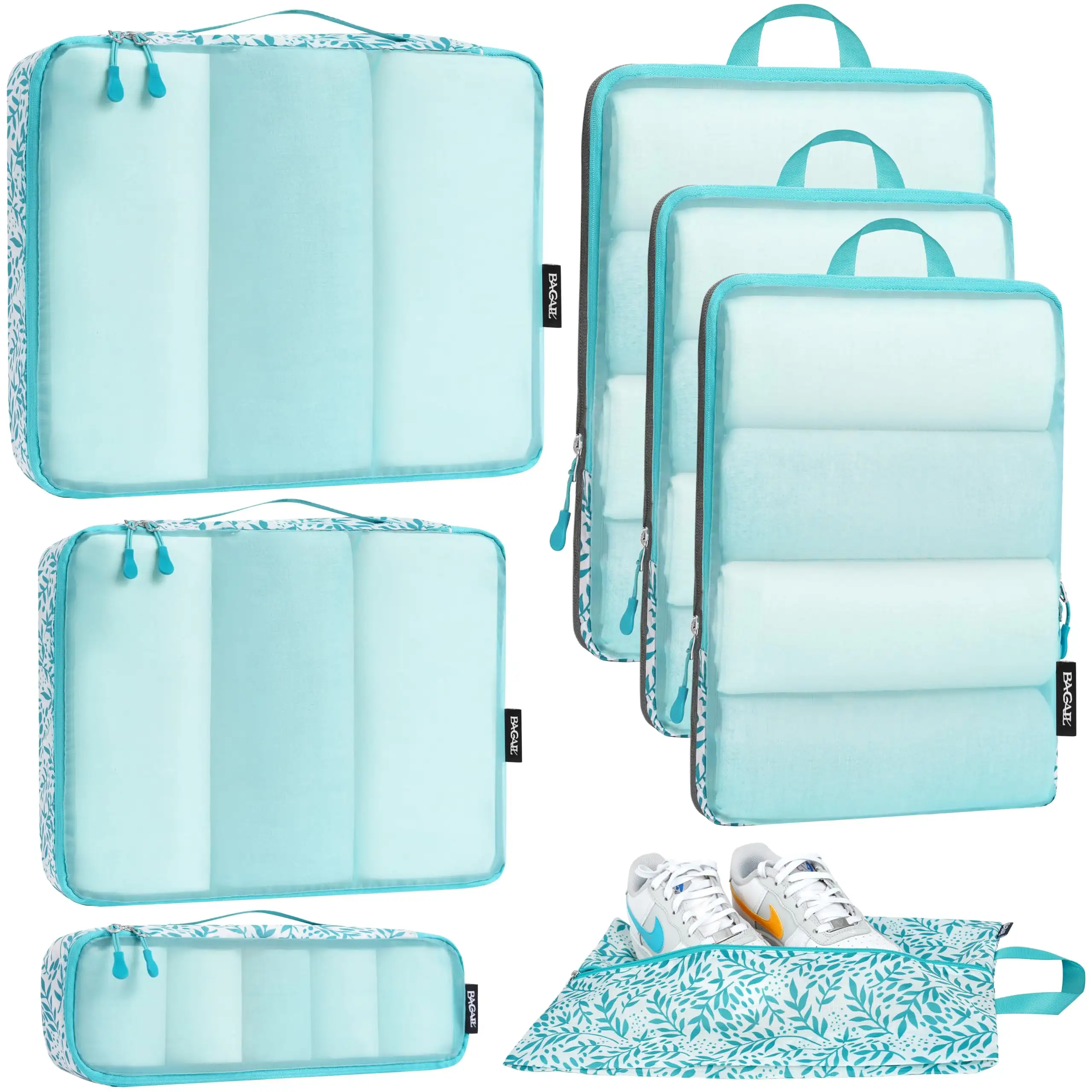 7-piece ultralight packing cube set with 3 compression organizers and 1 shoe bag in beige mesh for efficient travel storage.