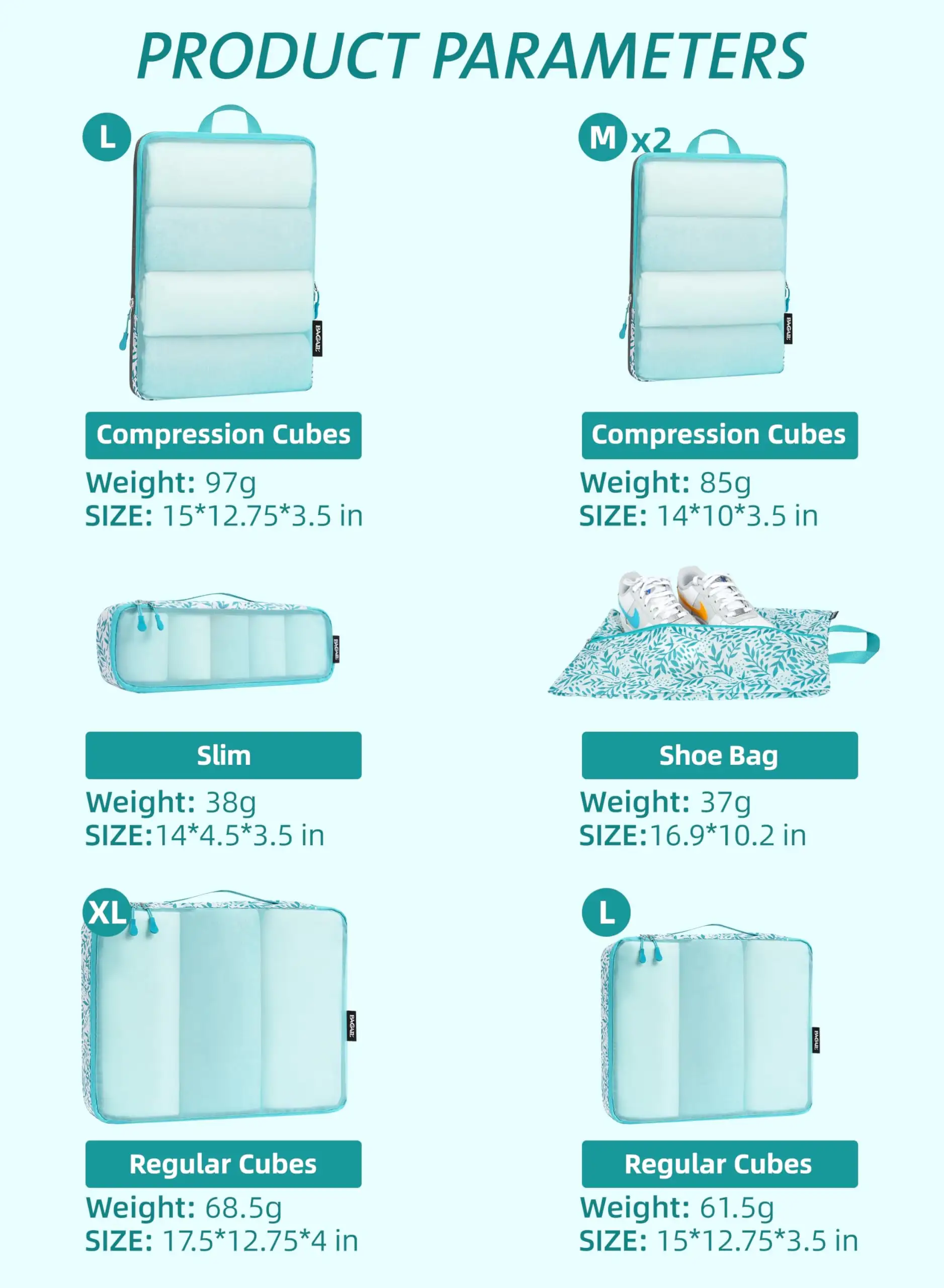 7-piece ultralight packing cube set with 3 compression bags, 3 organizers, and 1 shoe bag in beige mesh for efficient travel.