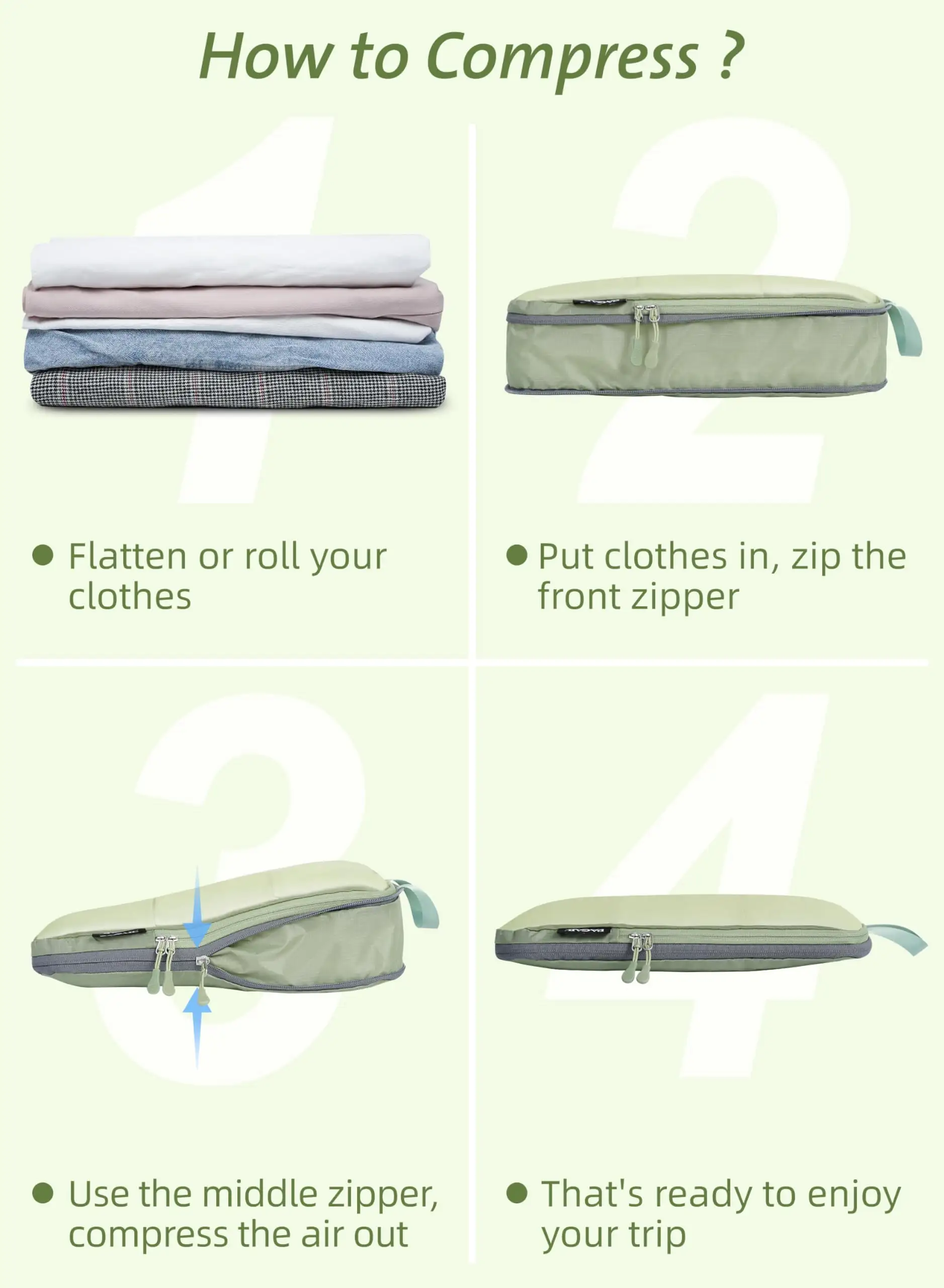 7-piece ultralight packing cube set with 3 compression organizers and 1 shoe bag, perfect for travel and organization.