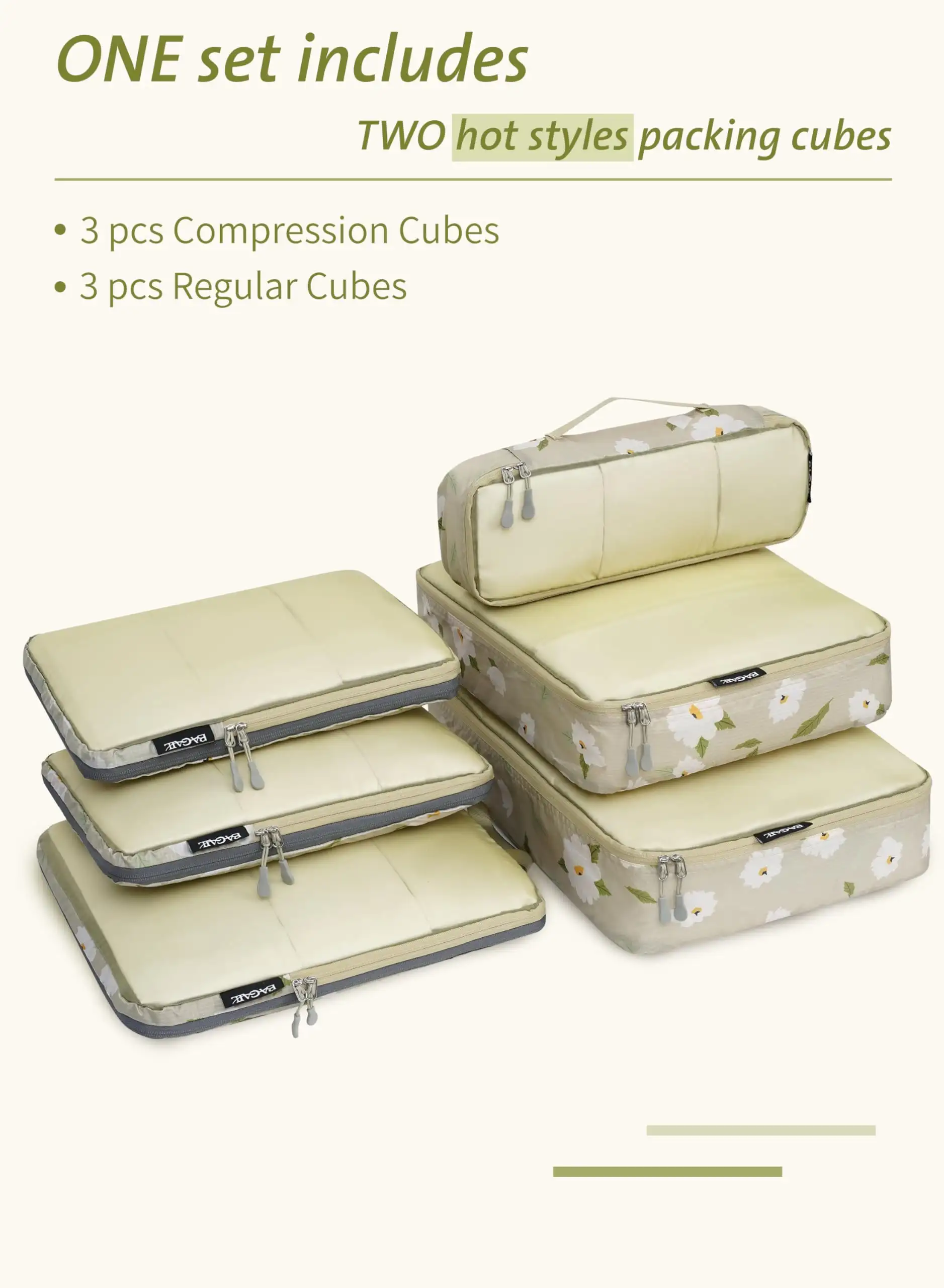 7-piece ultralight packing cubes set with 3 compression organizers and 1 shoe bag in beige mesh for efficient travel storage.