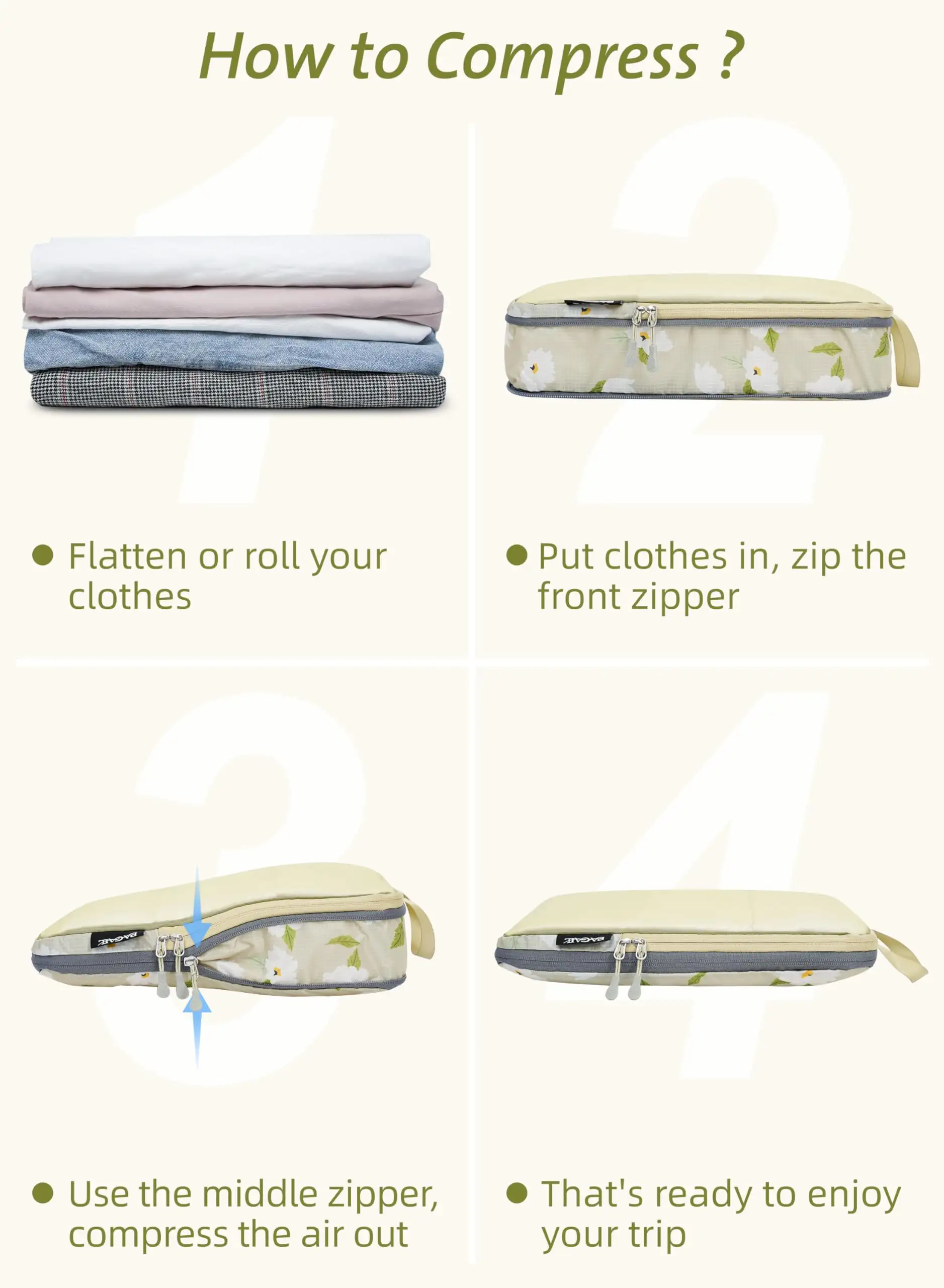 7-piece ultralight packing cubes set with 3 compression organizers and 1 shoe bag in beige mesh for travel efficiency.