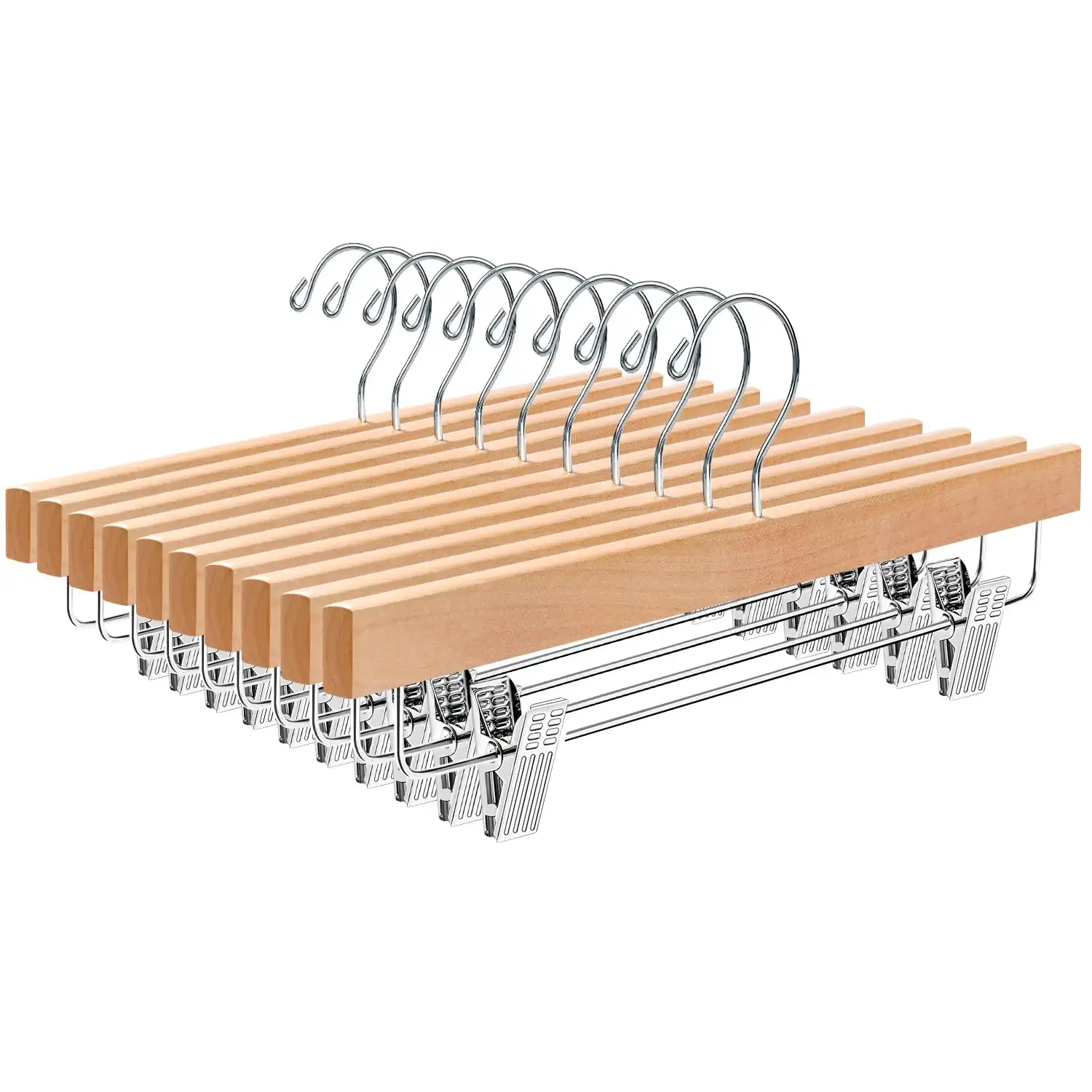 BAGAIL 10-pack wooden pants hangers with adjustable clips, 360° swivel hooks, ideal for trousers, jeans, and shorts.