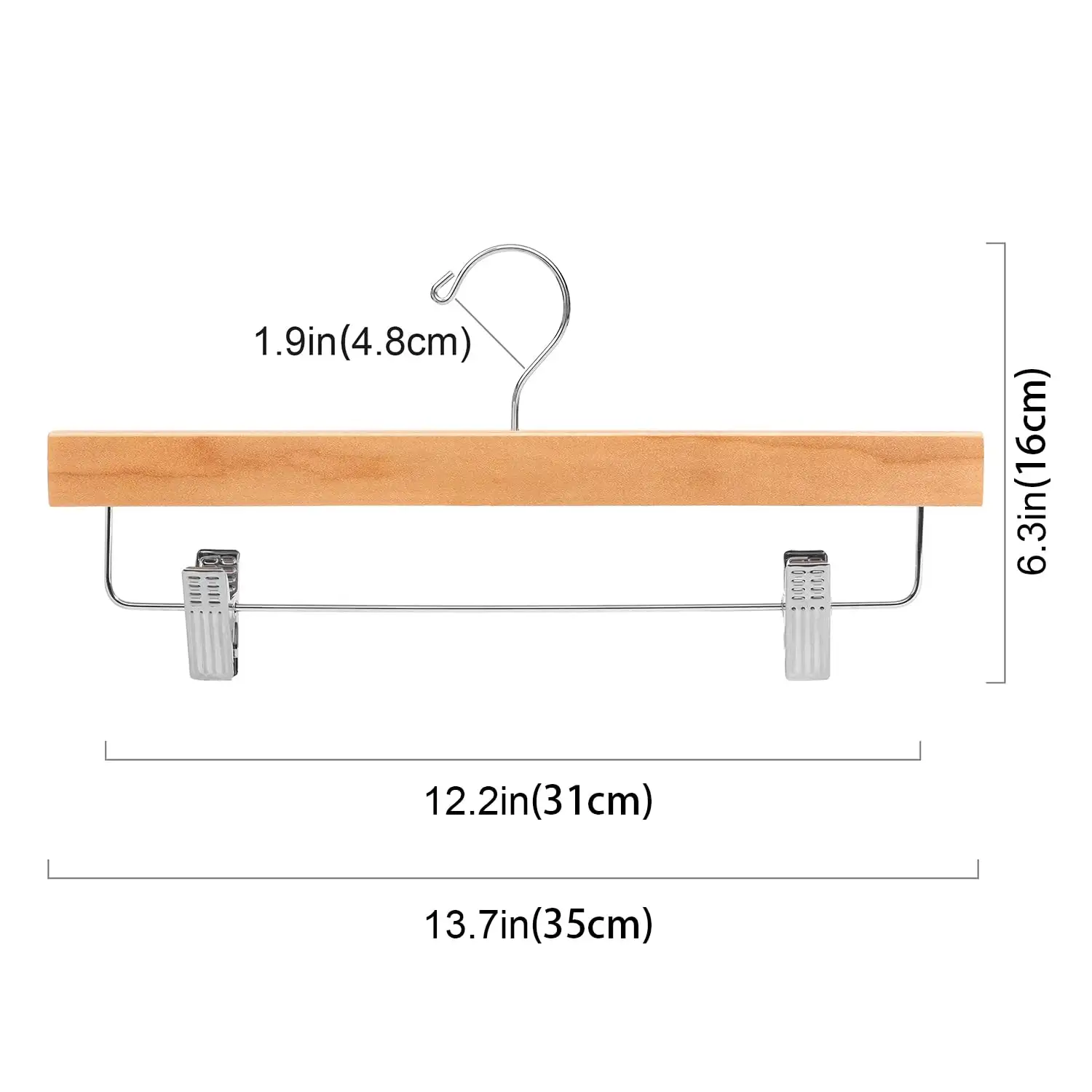 BAGAIL wooden pants hangers with adjustable clips, 360° swivel hook, anti-rust, ideal for trousers, jeans, and shorts (10...