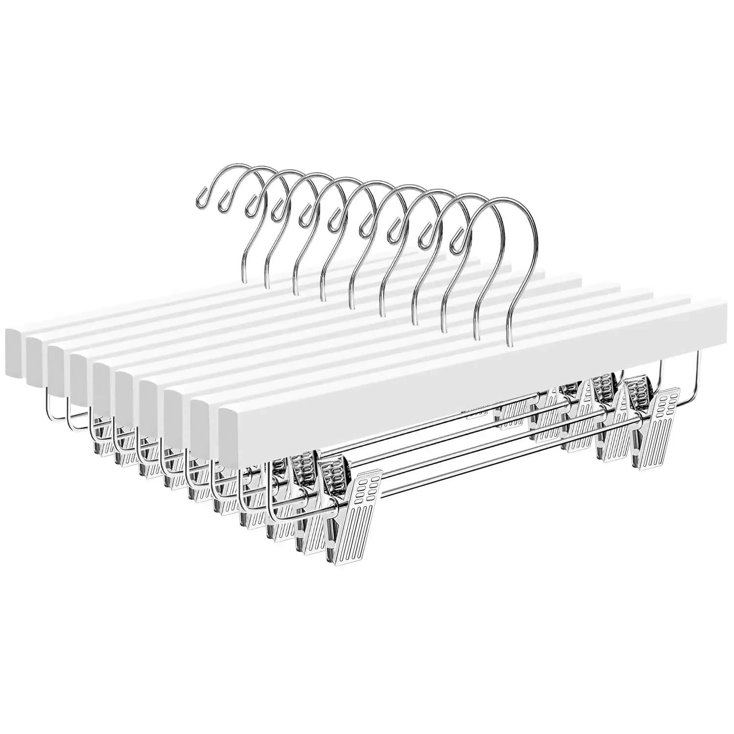 BAGAIL wooden pants hangers with adjustable clips, 360° swivel hook, 10-pack for trousers, jeans, and shorts, black.